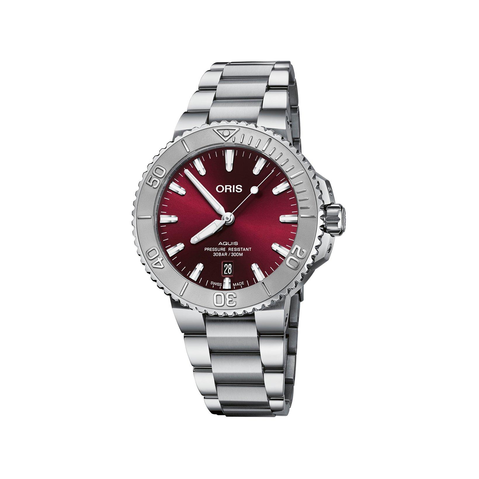 Oris Aquis Automatic 41.5 mm Stainless Steel Watch  Red Dial  Stainless Steel Bracelet
