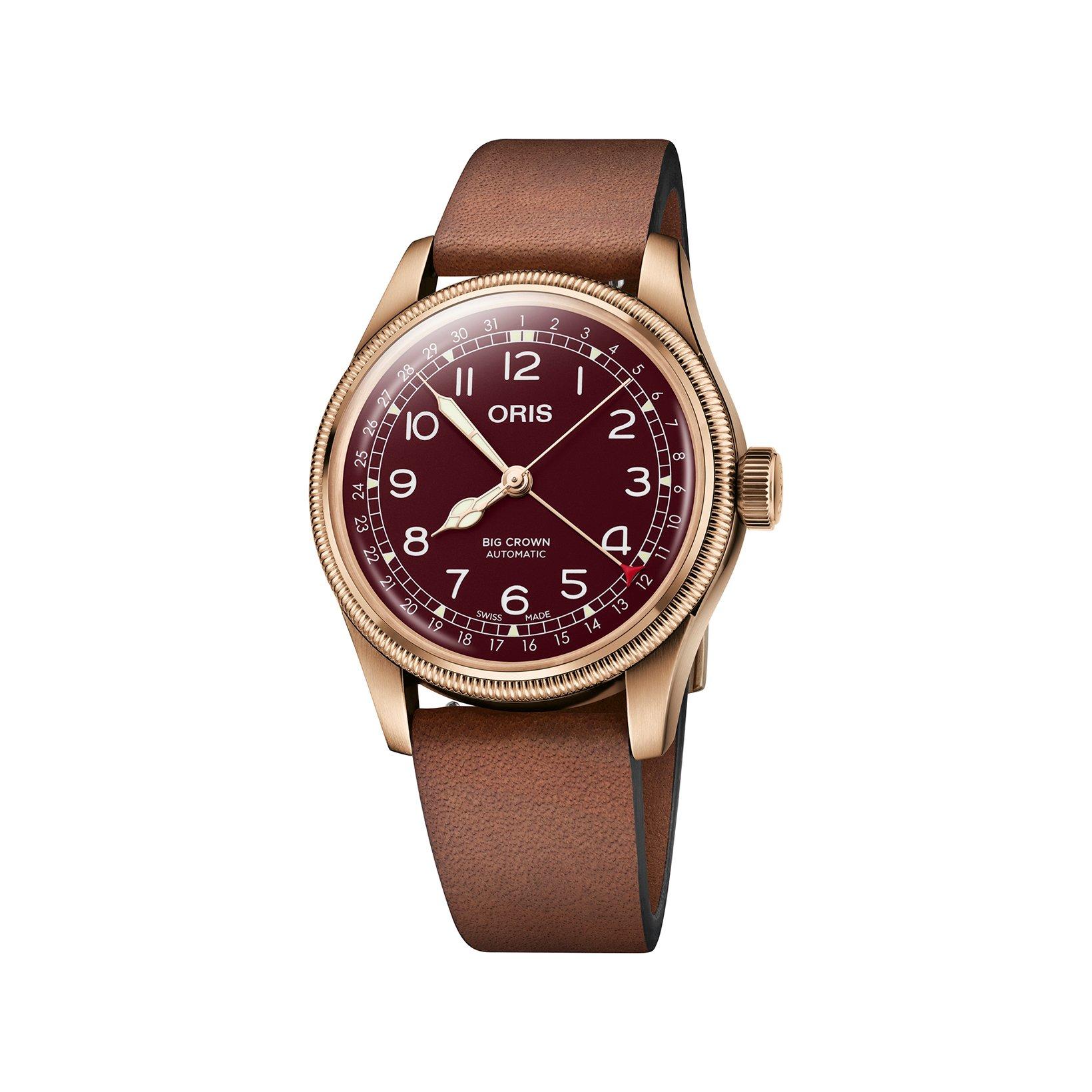 Oris Big Crown  Automatic 40 mm Bronze Watch  Red Dial   Leather Strap