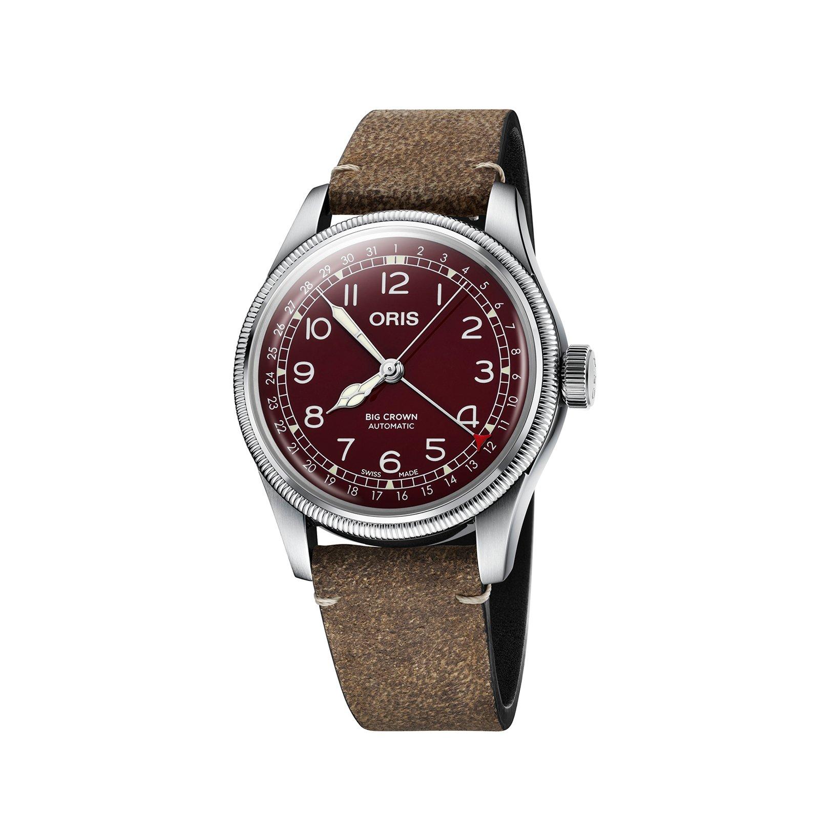 Oris Big Crown  Automatic 40 mm Stainless Steel Watch  Red Dial   Leather Strap