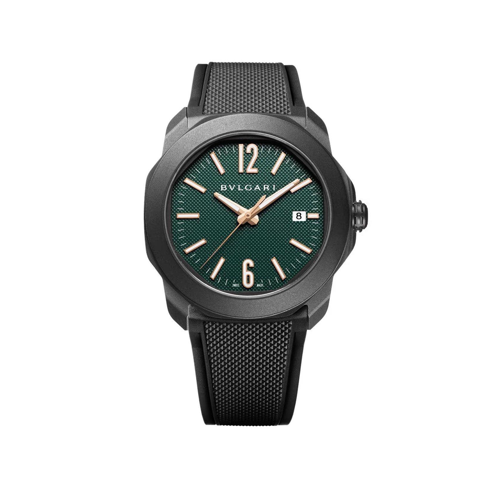 Bvlgari Octa Roma Automatic 41 mm Stainless Steel Watch  Green Dial   Rubber Strap