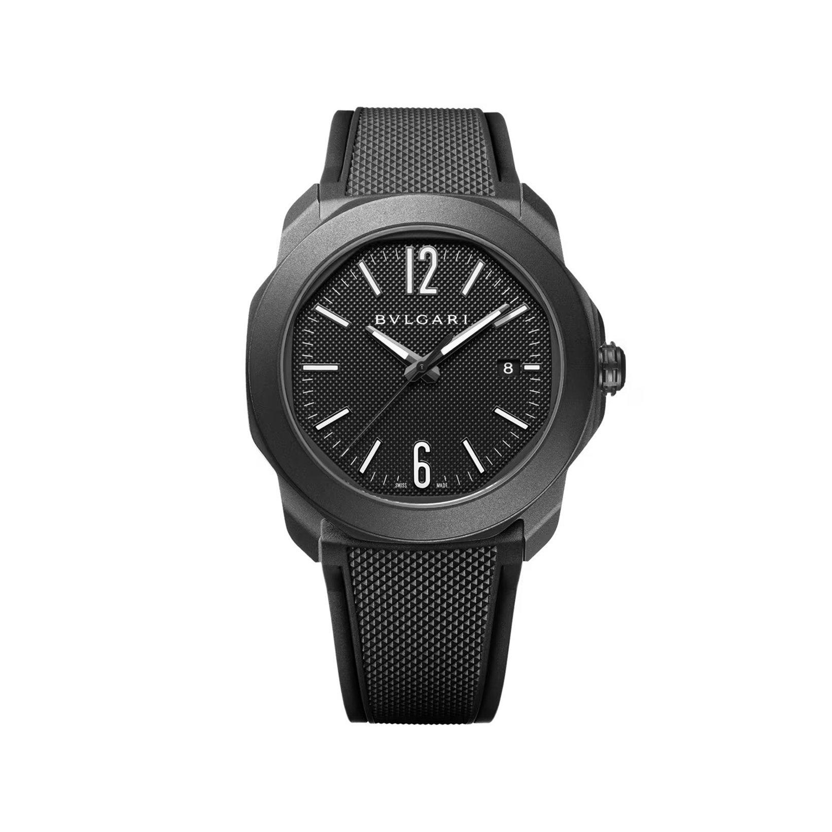 Bvlgari Octa Roma Automatic 41 mm Black Dlc Steel Watch  Black Dial   Rubber Strap