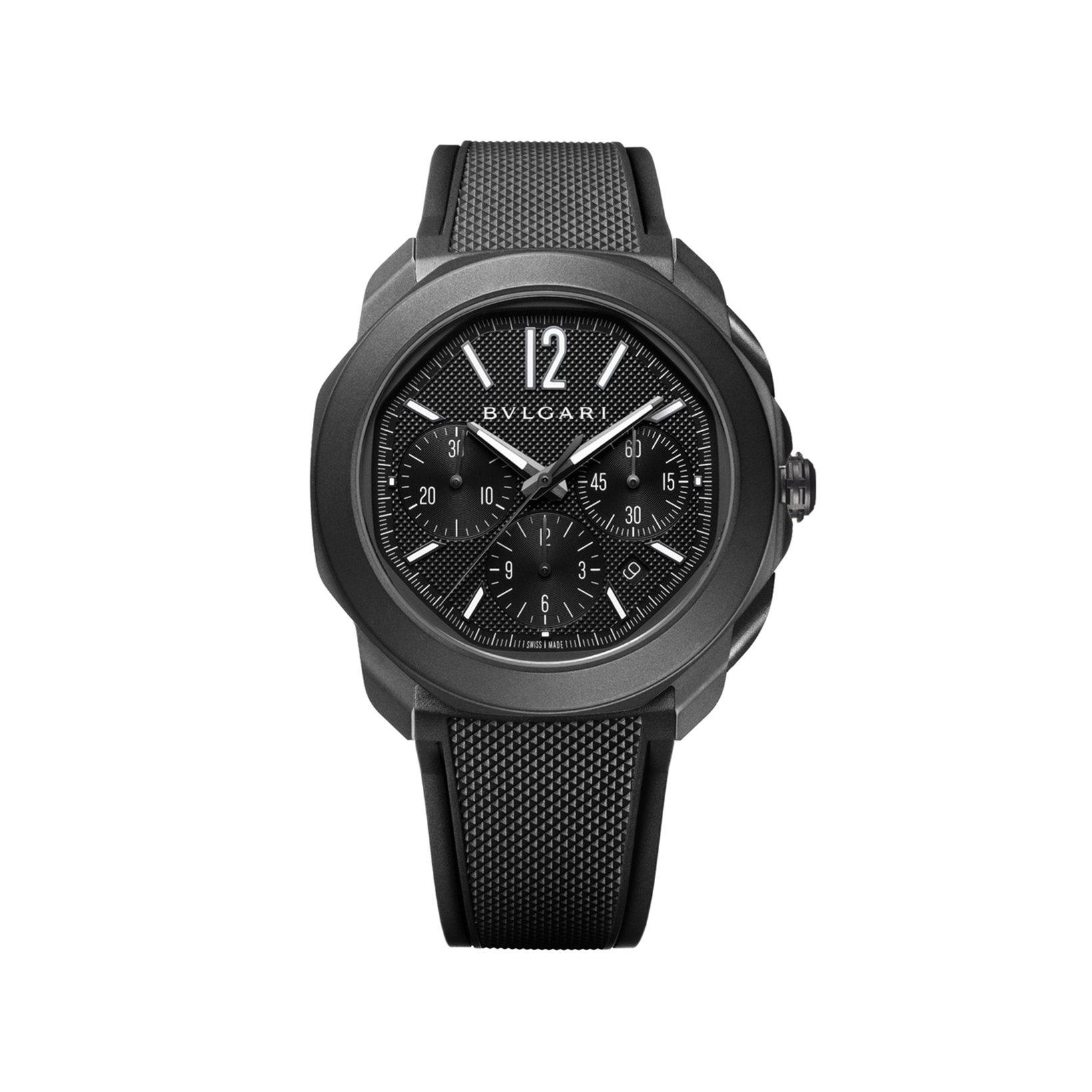 Bvlgari Octa Roma Automatic 42 mm Black Dlc Steel Watch  Black Dial   Rubber Strap