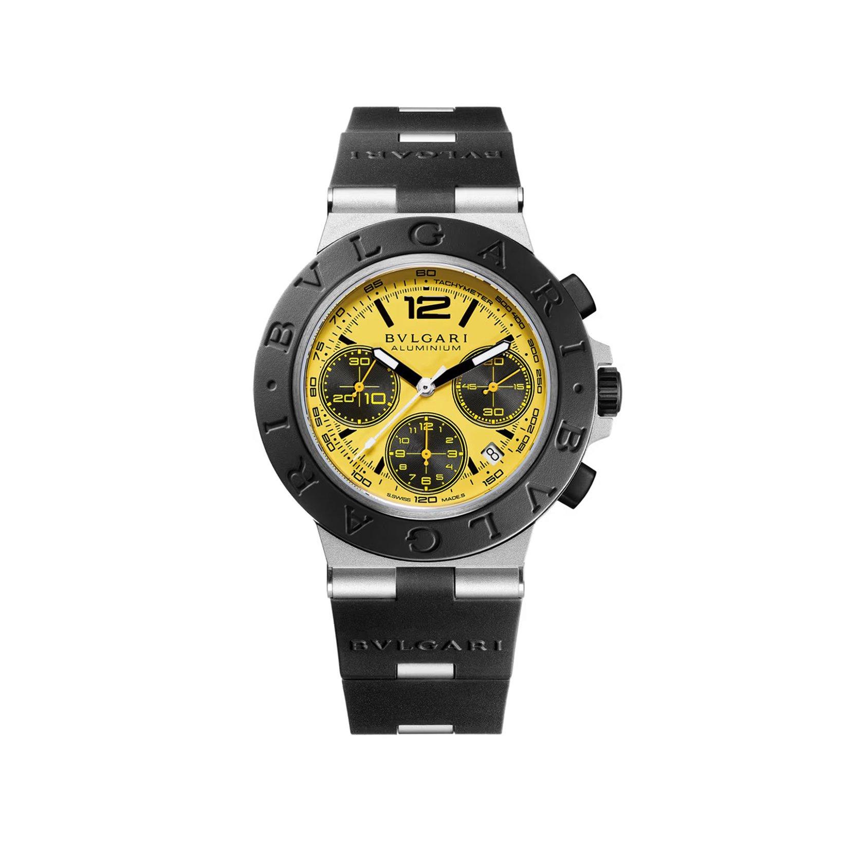 Bvlgari Bvlgari Bvlgari Aluminum Gmt Automatic 41 mm Aluminium-Titanium-Rubber Watch  Yellow Dial   Rubber Strap