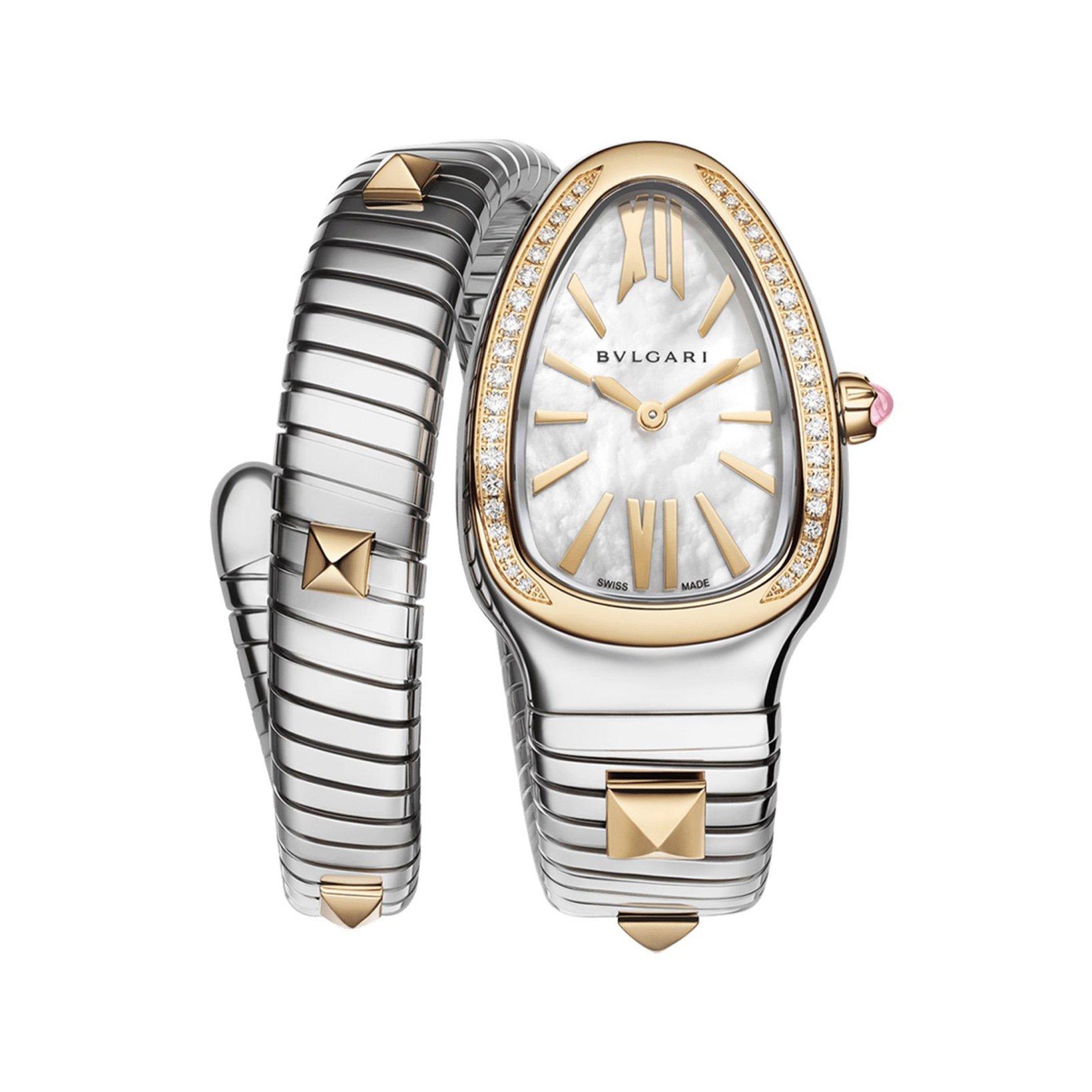 Bvlgari Serpenti Tubogas Quartz 35 mm Stainless Steel And Yellow Gold Watch  White Dial  Yellow Gold And Stainless Steel Bracelet