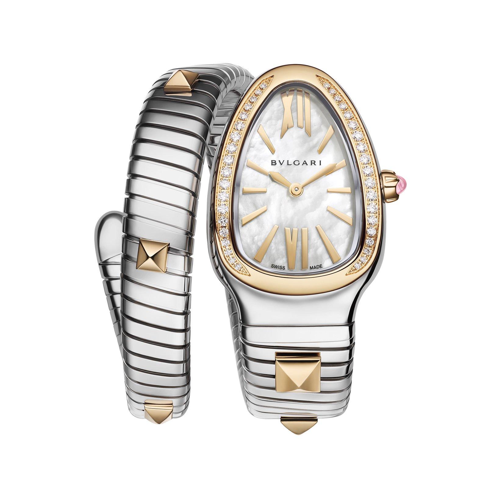 Bvlgari Serpenti Tubogas Quartz 35 mm Stainless Steel And Yellow Gold Watch  White Dial  Yellow Gold And Stainless Steel Bracelet