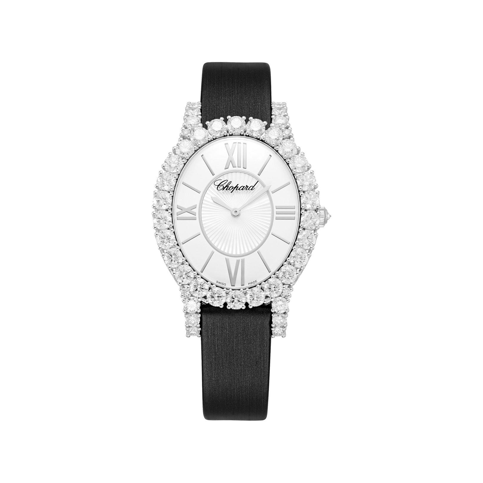 Chopard L´Heure Du Diamant Quartz 36 mm White Gold Watch  White Dial   Brushed Fabric Strap