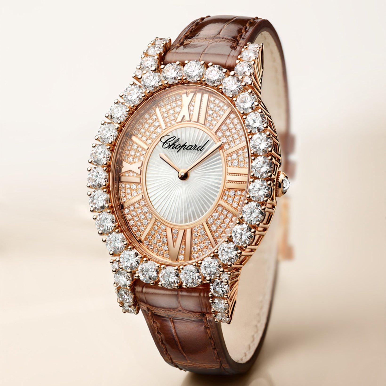 Chopard Lآ´Heure Du Diamant Quartz 40 mm Rose Gold Watch  Rose Dial   Brushed Fabric Strap