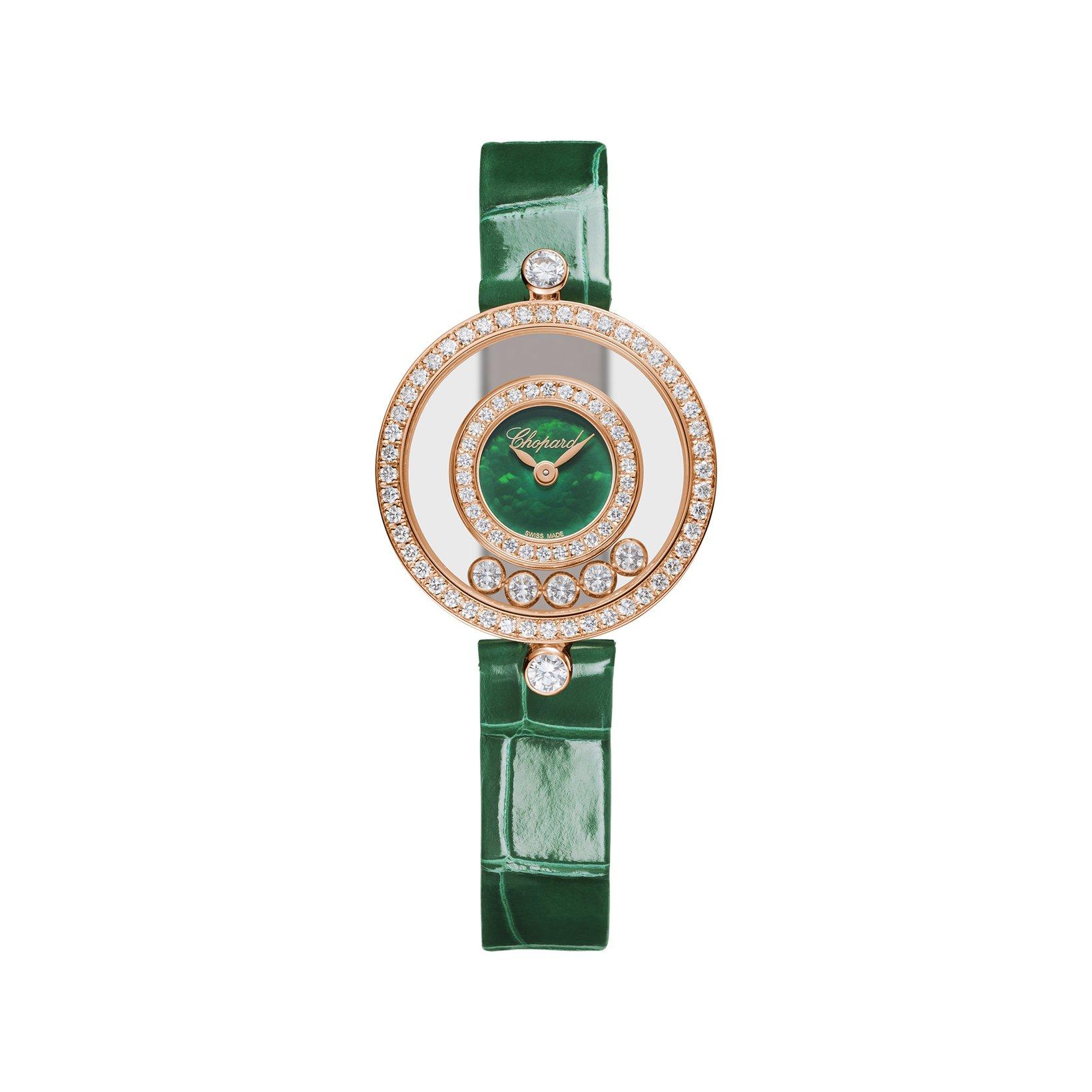Chopard Happy Diamonds Quartz 25.8 mm Rose Gold Watch  Green Dial   Alligator Leather Strap