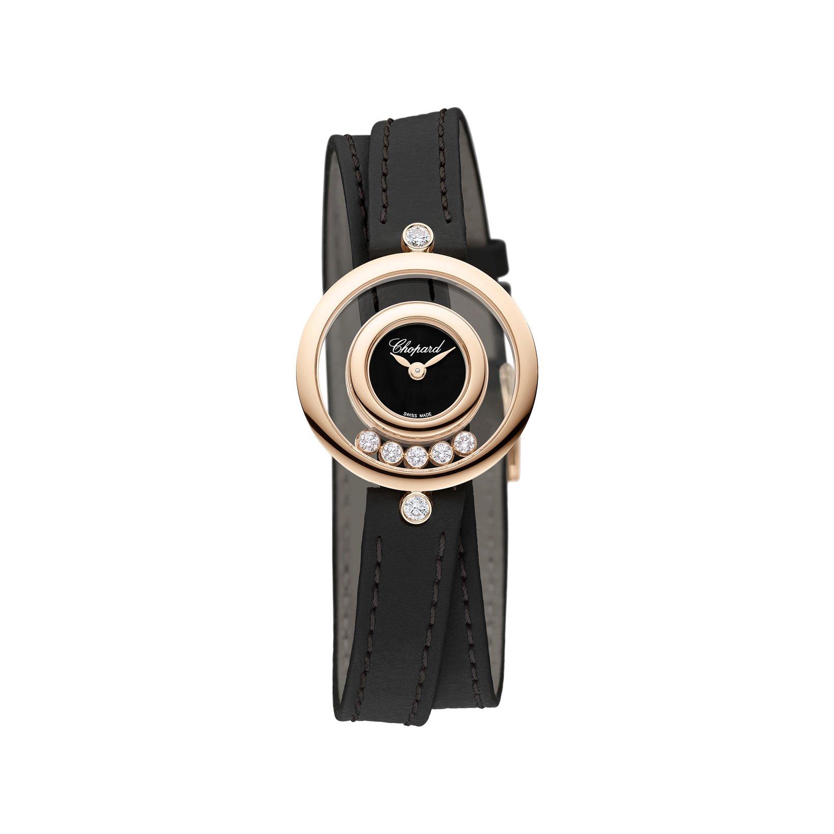 Chopard Happy Diamonds Quartz 26 mm Rose Gold Watch  Black Dial   Calf Skin Leather Strap