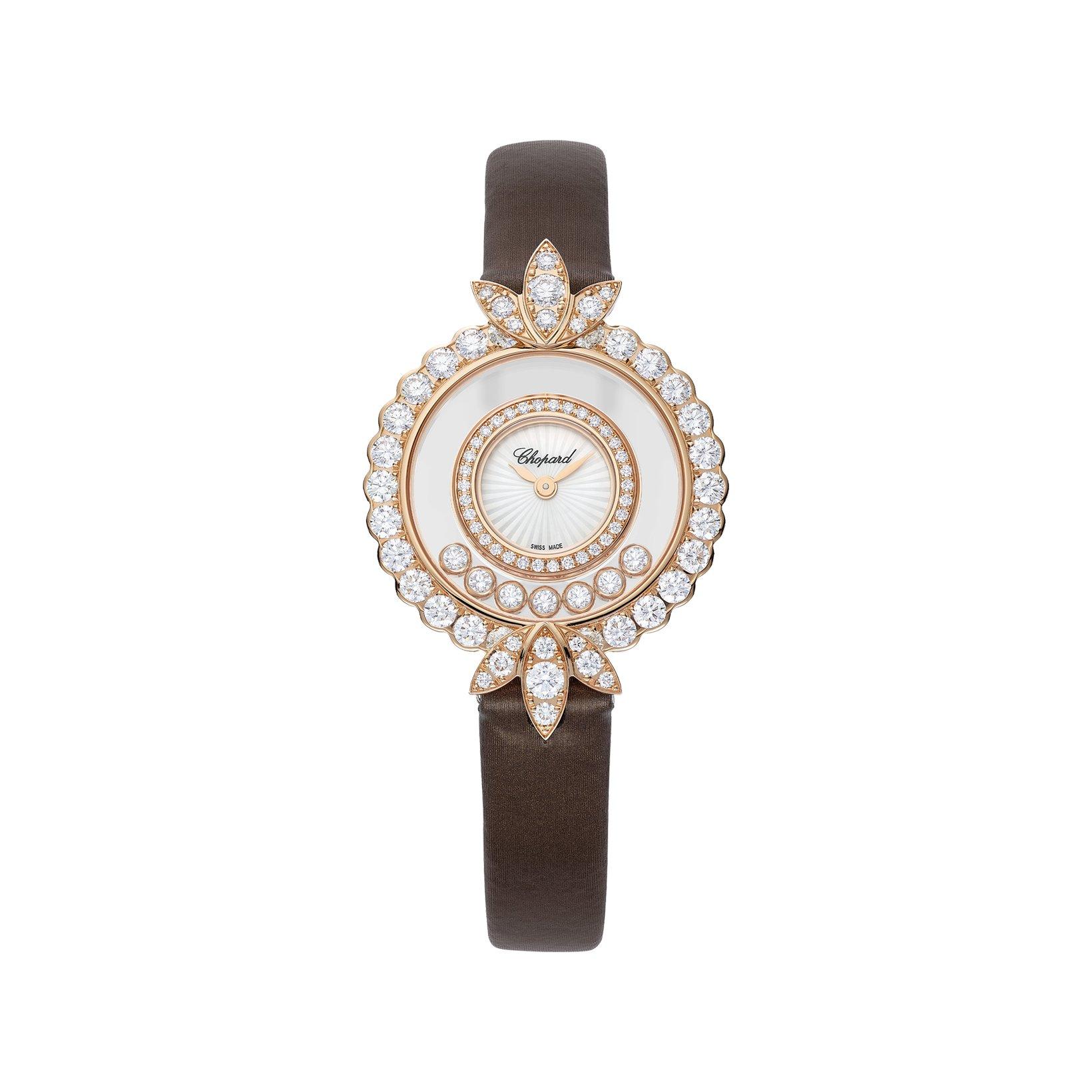 Chopard Happy Diamonds Quartz 29.35 mm Rose Gold Watch  White Dial   Brushed Fabric Strap