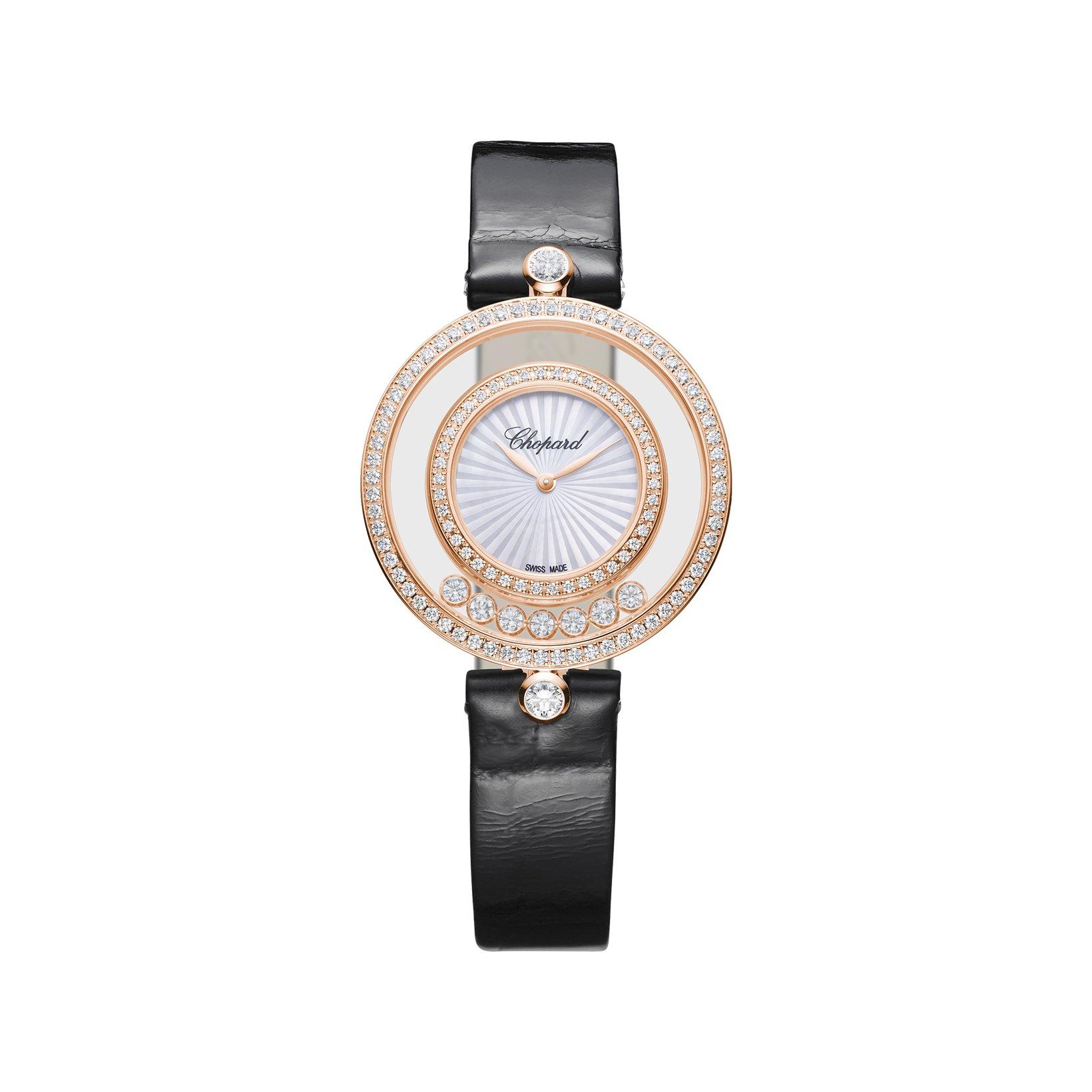 Chopard Happy Diamonds Quartz 32 mm Rose Gold Watch  White Dial   Alligator Leather Strap