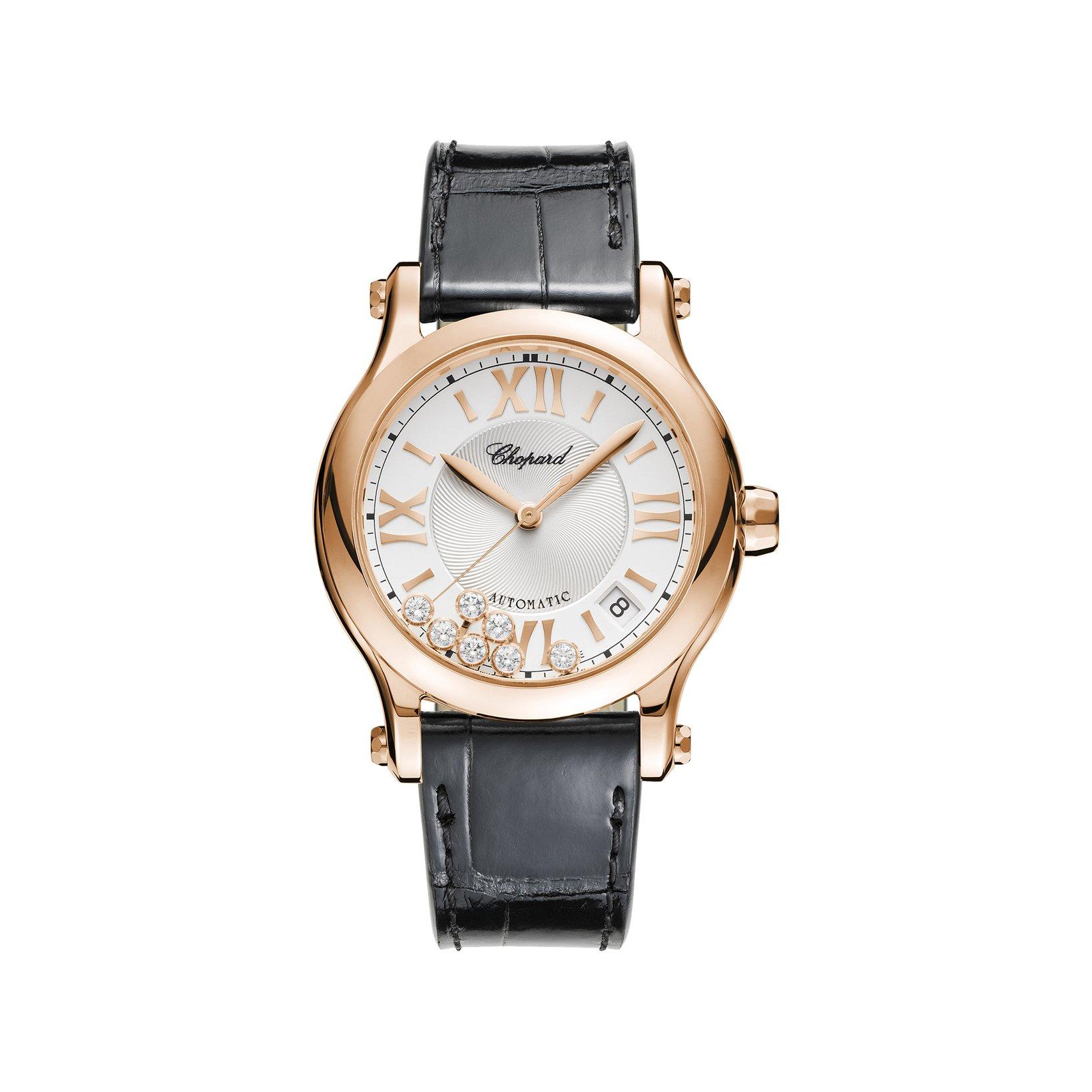Chopard Happy Sport Automatic 36 mm Rose Gold Watch  Silver Dial   Alligator Leather Strap