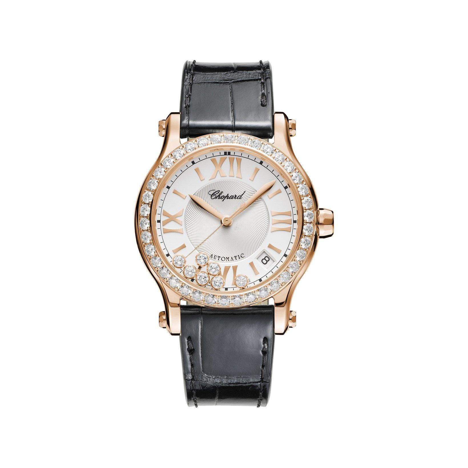 Chopard Happy Sport Automatic 36 mm Rose Gold Watch  Silver Dial   Alligator Leather Strap