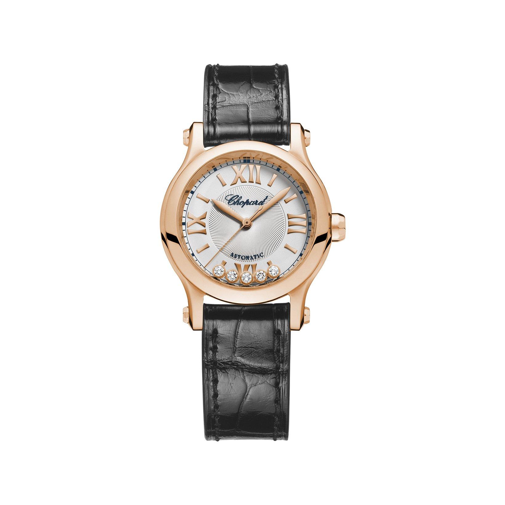 Chopard Happy Sport Automatic 30 mm Rose Gold Watch  Silver Dial   Alligator Leather Strap