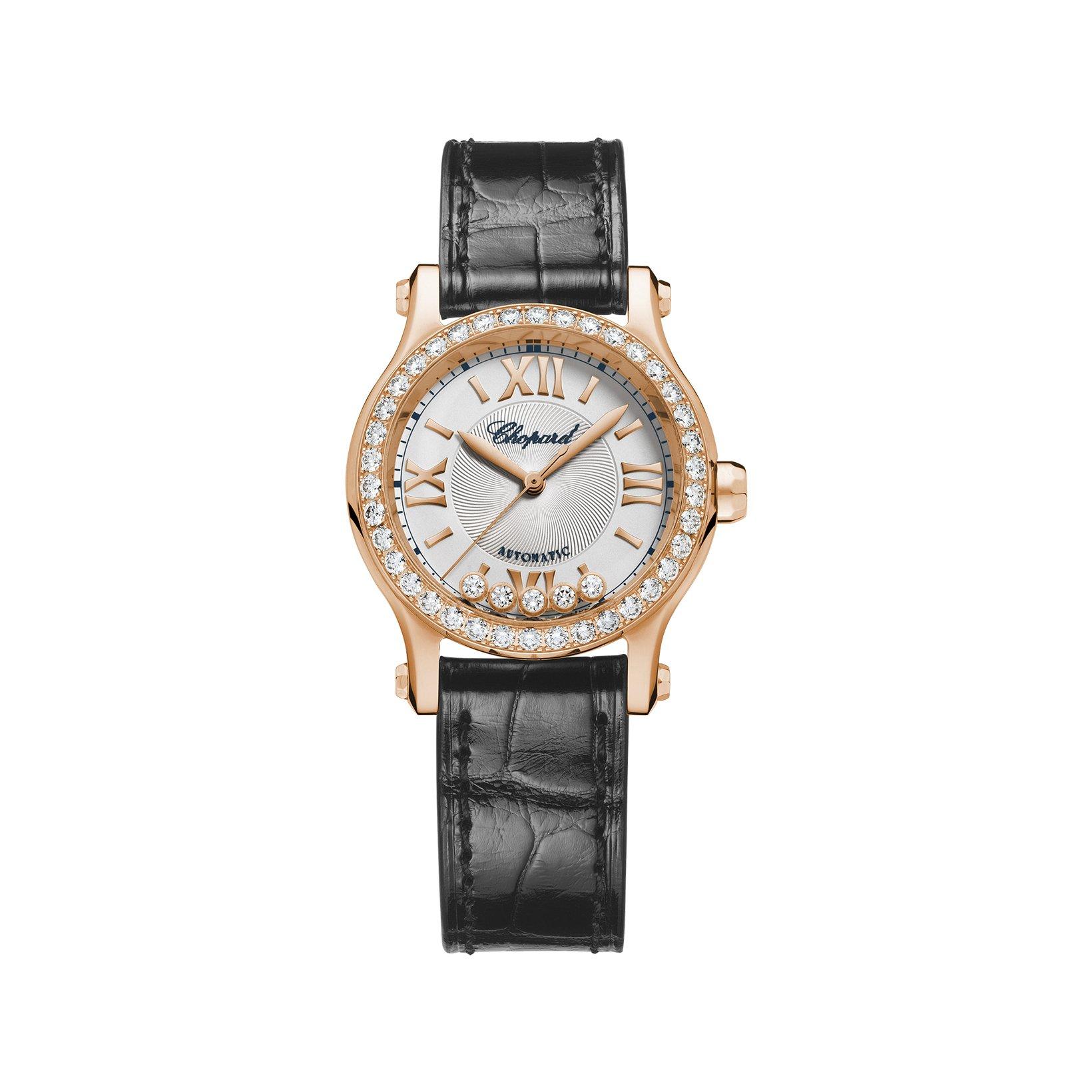 Chopard Happy Sport Automatic 30 mm Rose Gold Watch  Silver Dial   Alligator Leather Strap