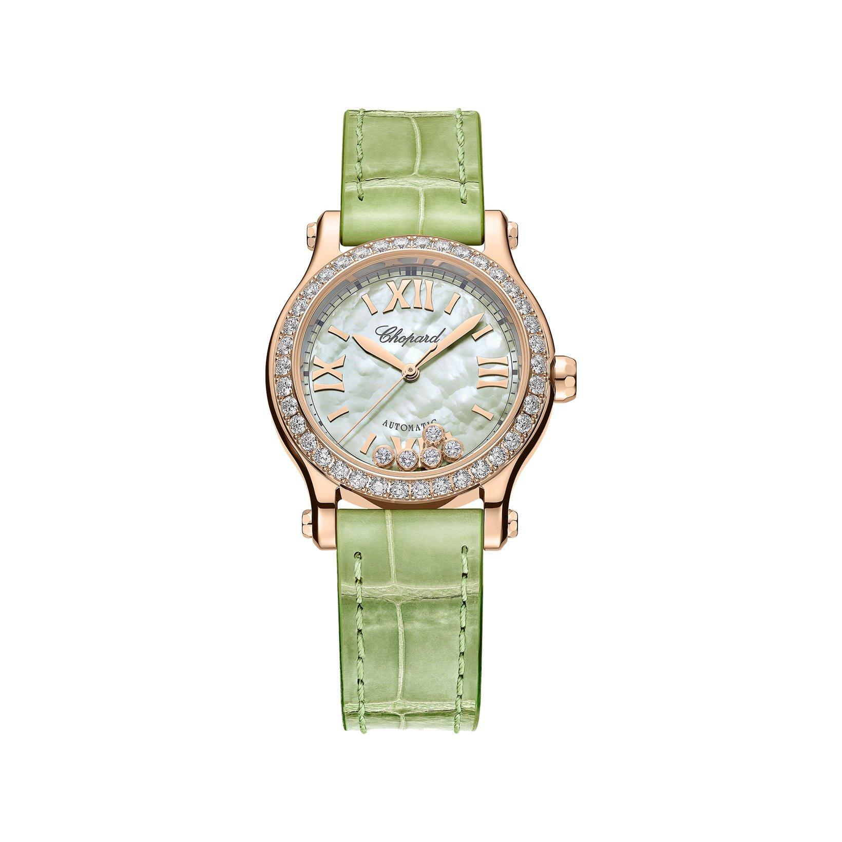 Chopard Happy Sport Automatic 30 mm Rose Gold Watch  Green Dial   Alligator Leather Strap