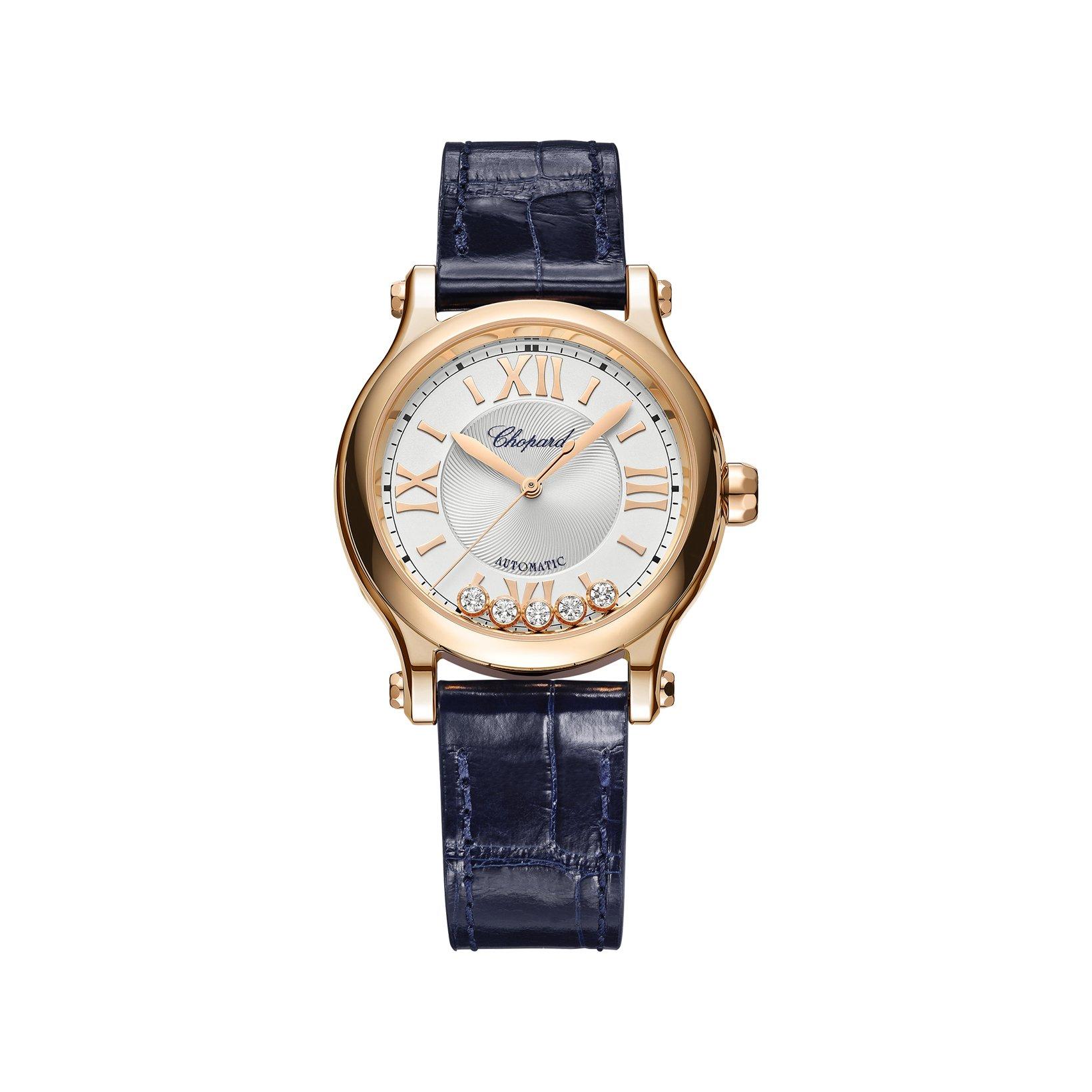 Chopard Happy Sport Automatic 33 mm Rose Gold Watch  Silver Dial   Alligator Leather Strap