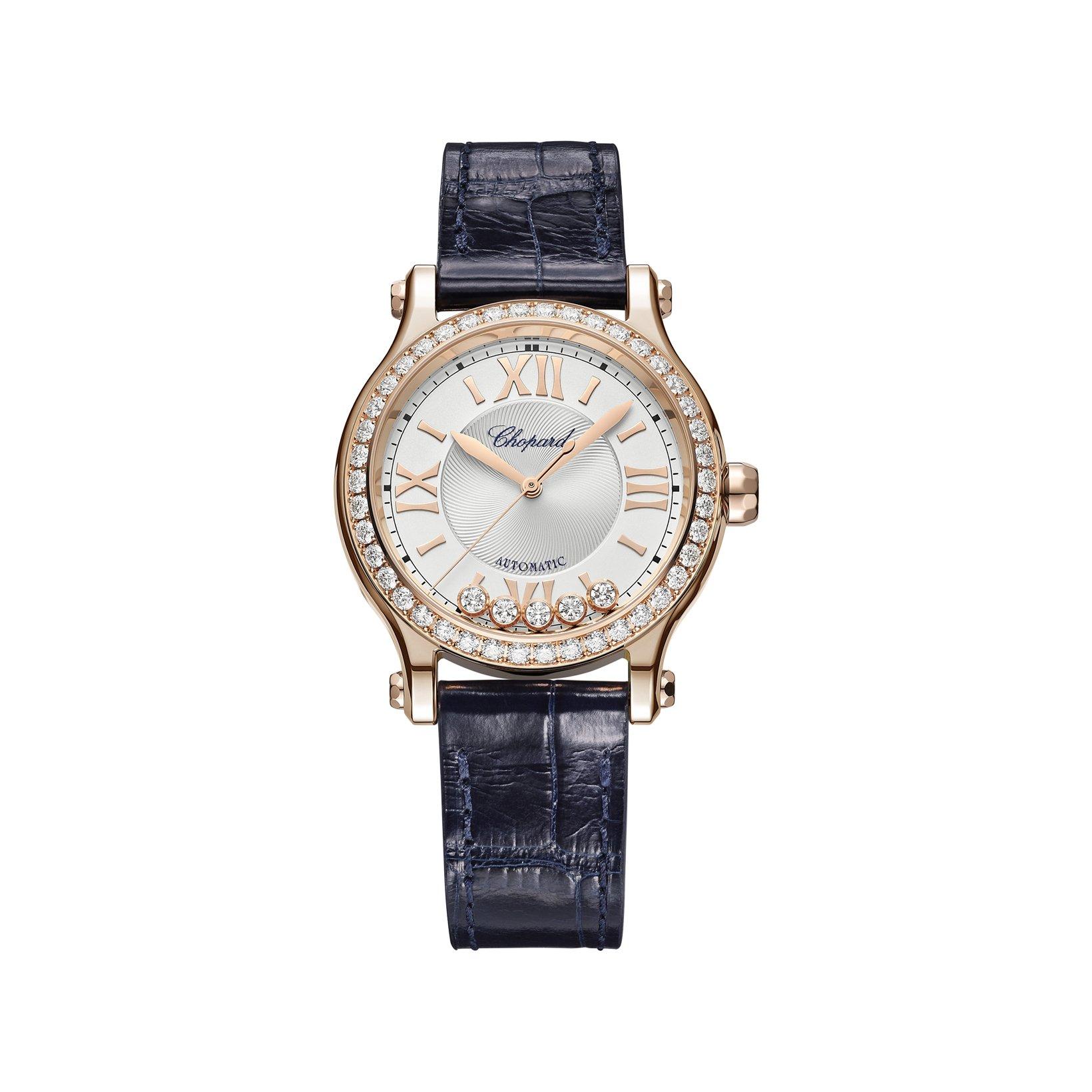 Chopard Happy Sport Automatic 33 mm Rose Gold Watch  Silver Dial   Alligator Leather Strap