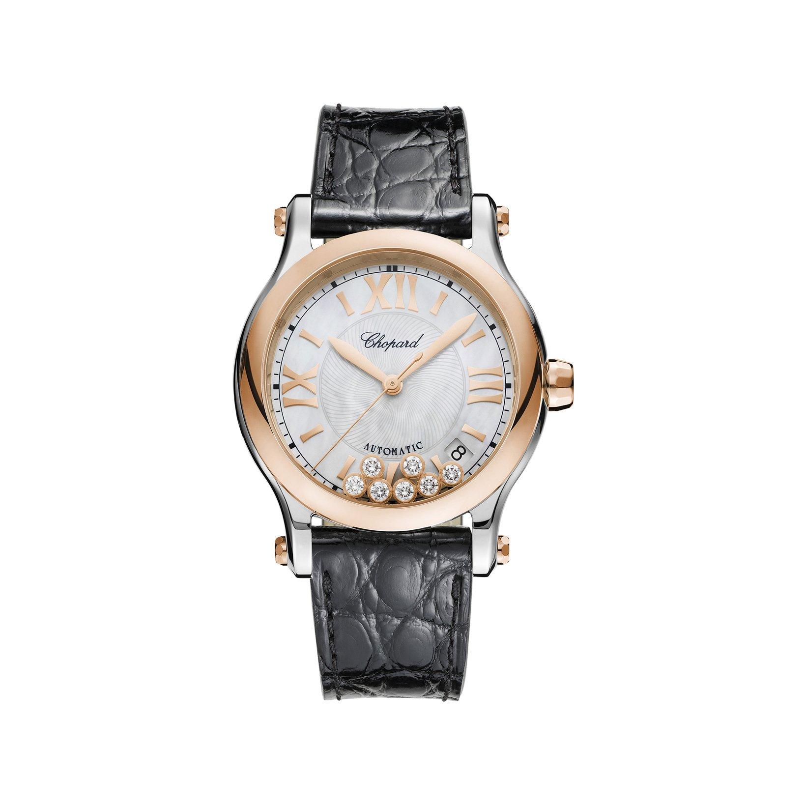 Chopard Happy Sport Automatic 36 mm Stainless Steel And Rose Gold Watch  White Dial   Alligator Leather Strap
