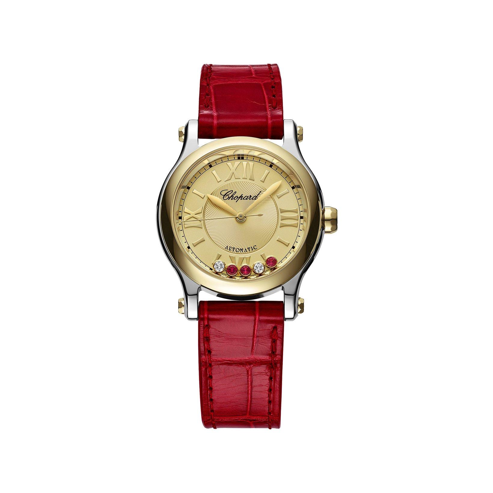 Chopard Happy Sport Automatic 30 mm Stainless Steel And Yellow Gold Watch  Golden Dial   Alligator Leather Strap