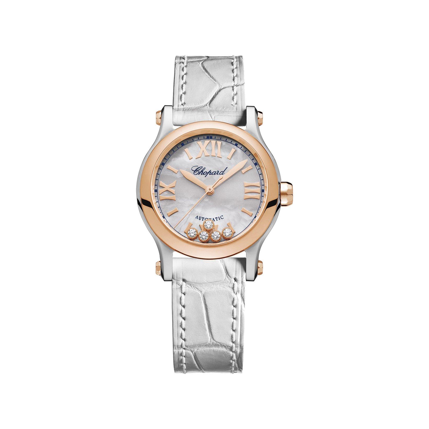 Chopard Happy Sport Automatic 30 mm Stainless Steel And Rose Gold Watch  White Dial   Alligator Leather Strap