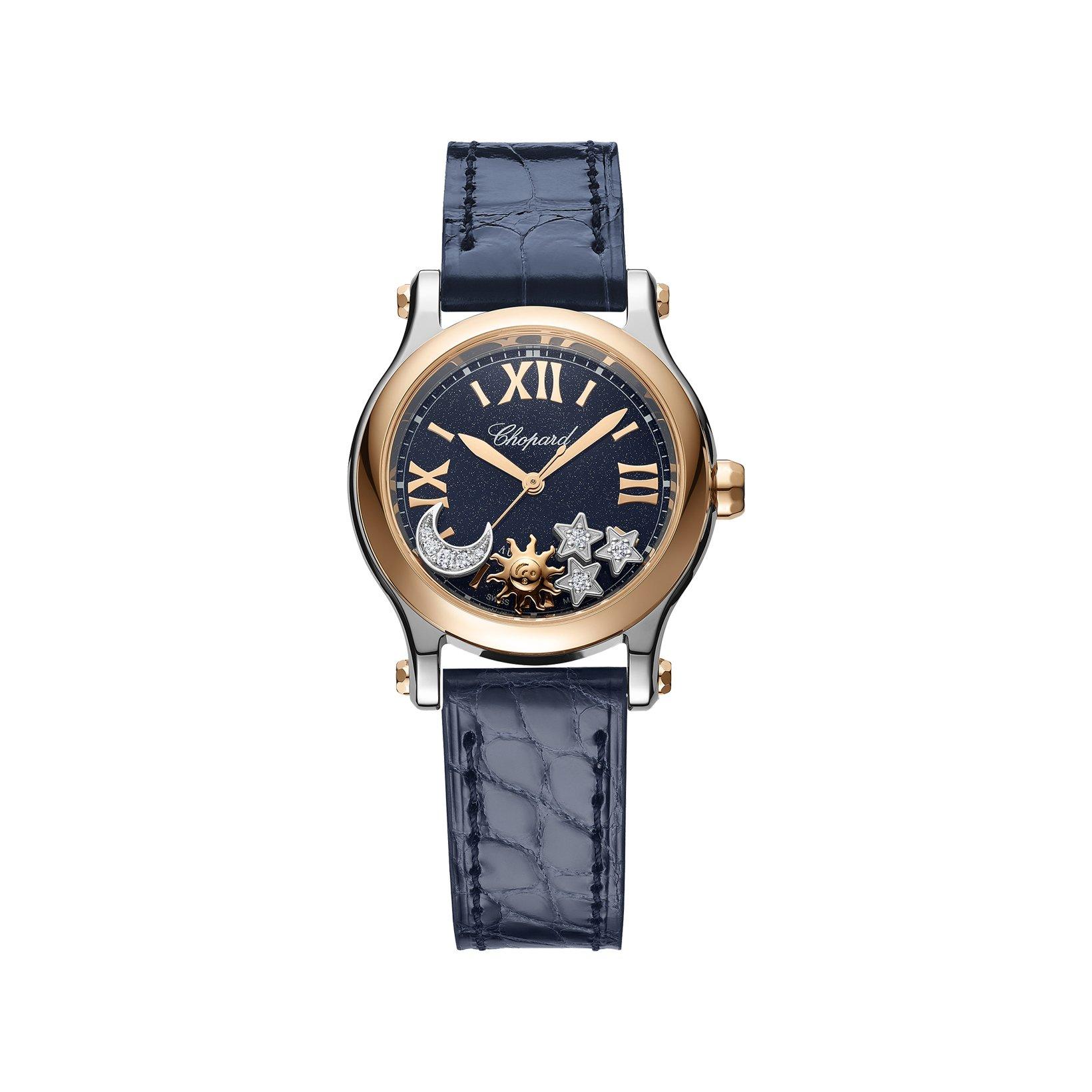 Chopard Happy Sport Automatic 30 mm Stainless Steel And Rose Gold Watch  Glittered Blue Dial   Alligator Leather Strap