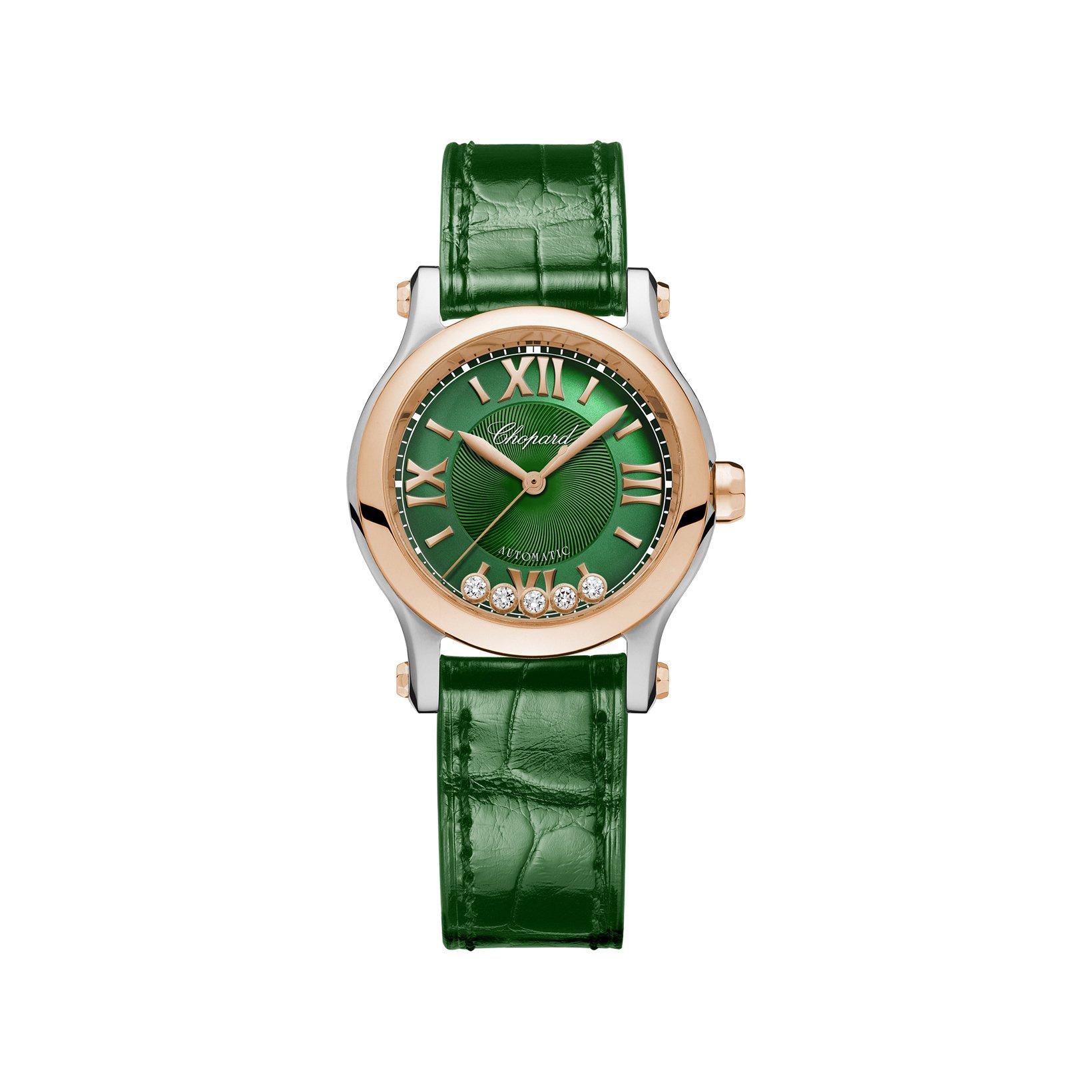 Chopard Happy Sport Automatic 30 mm Stainless Steel And Rose Gold Watch  Green Dial   Alligator Leather Strap