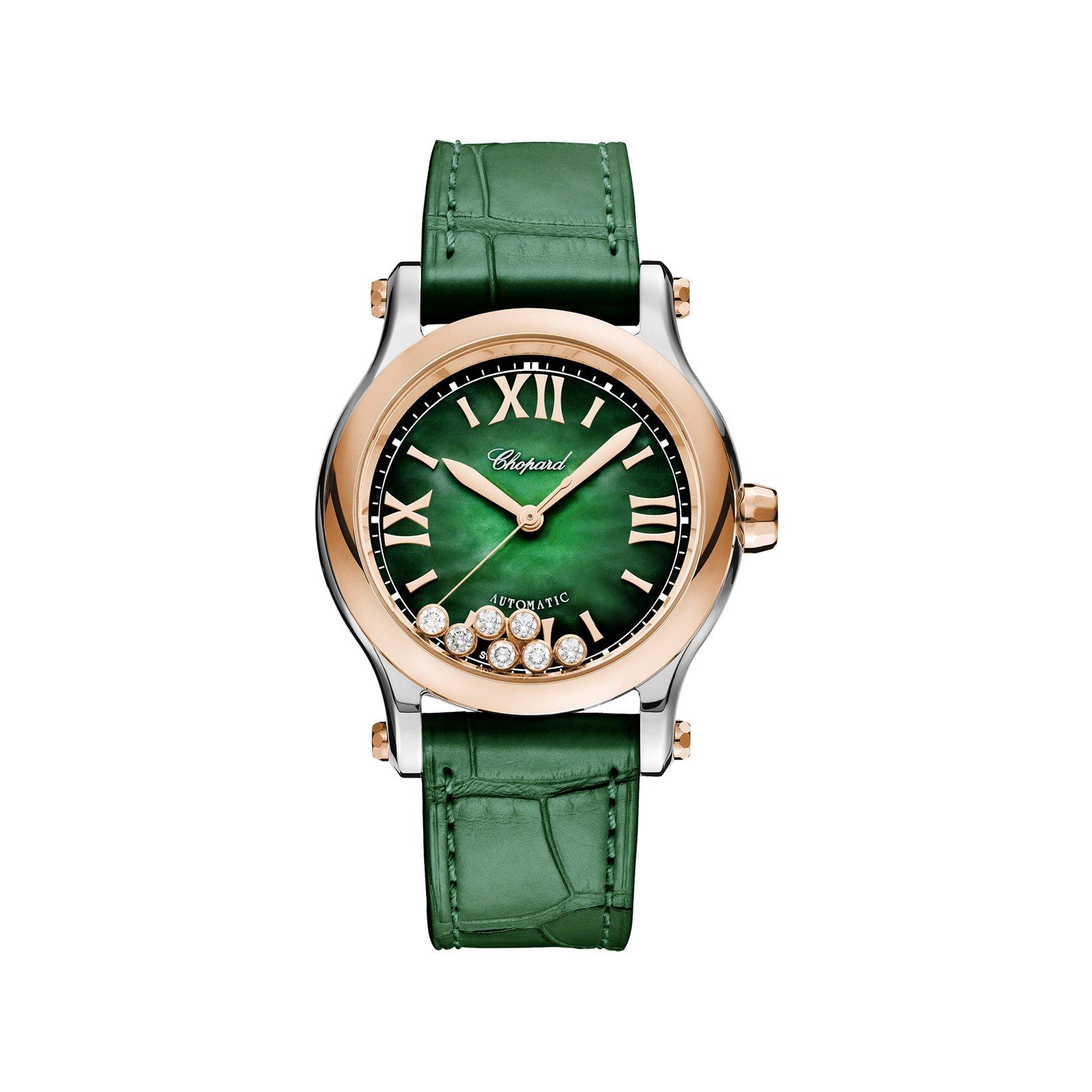 Chopard Happy Sport Automatic 36 mm Stainless Steel And Rose Gold Watch  Green Dial   Alligator Leather Strap