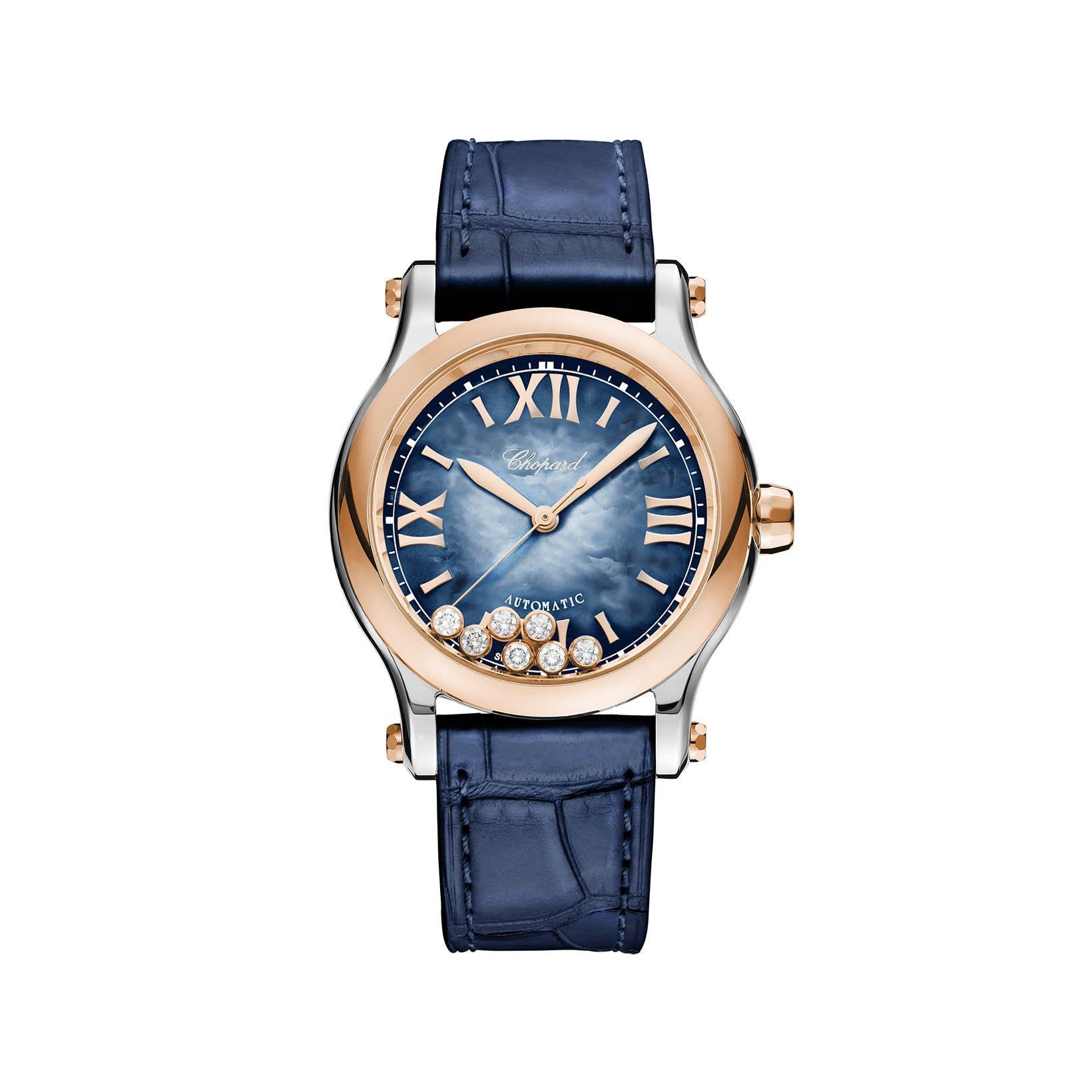 Chopard Happy Sport Automatic 36 mm Rose Gold And Stainless Steel Watch  Blue Dial   Alligator Leather Strap