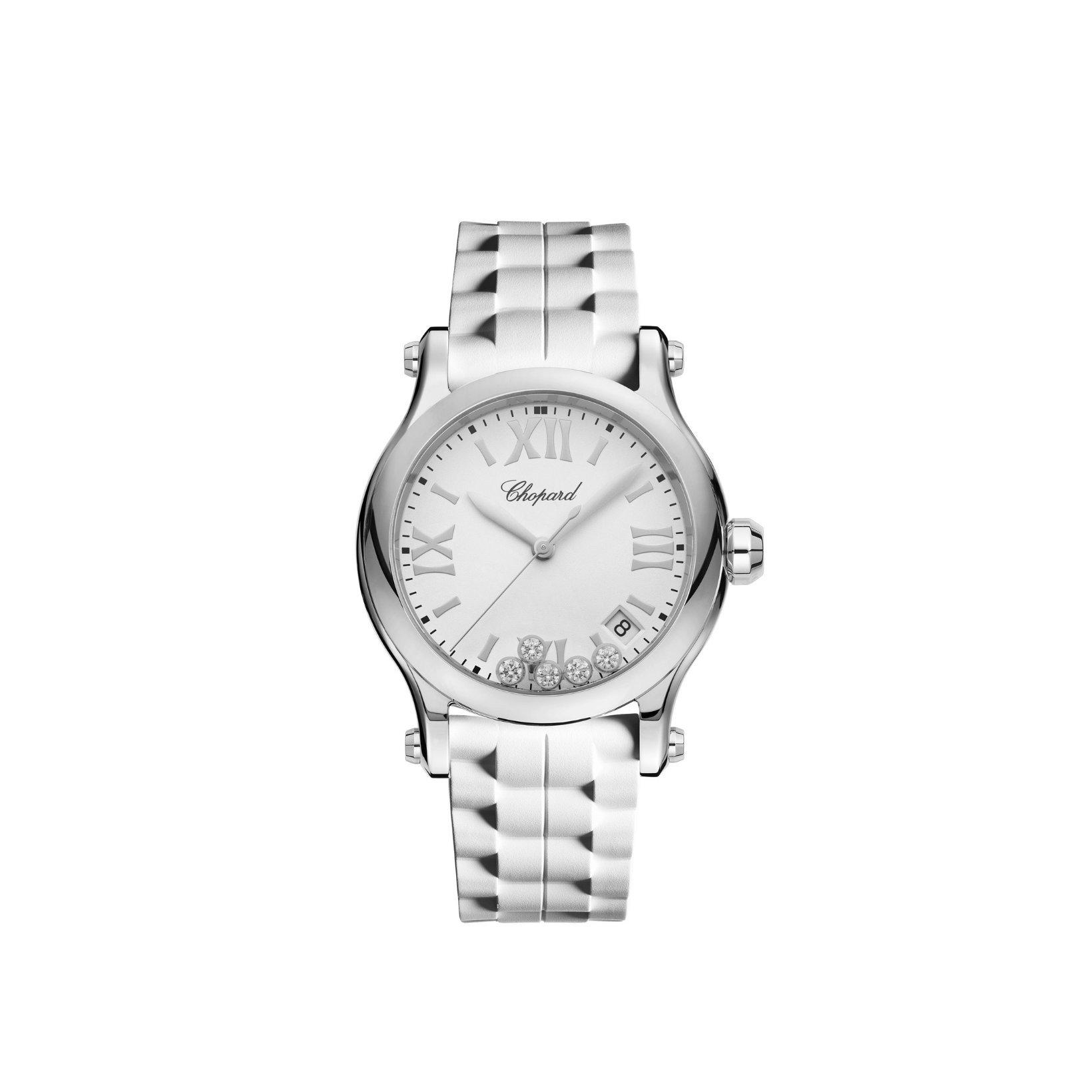 Chopard Happy Sport Quartz 36 mm Stainless Steel Watch  White Dial   Rubber Strap