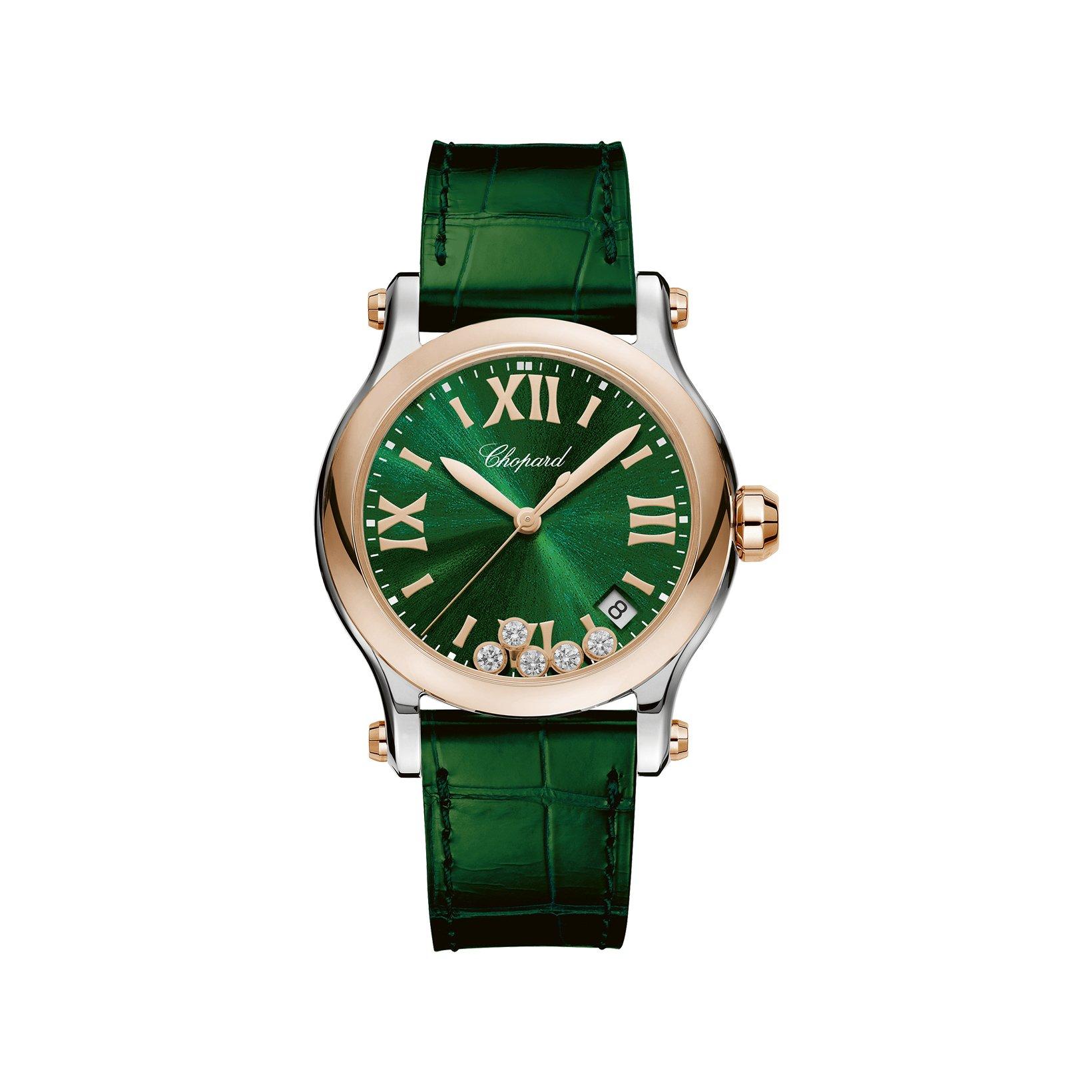Chopard Happy Sport Quartz 36 mm Stainless Steel And Rose Gold Watch  Green Dial   Alligator Leather Strap