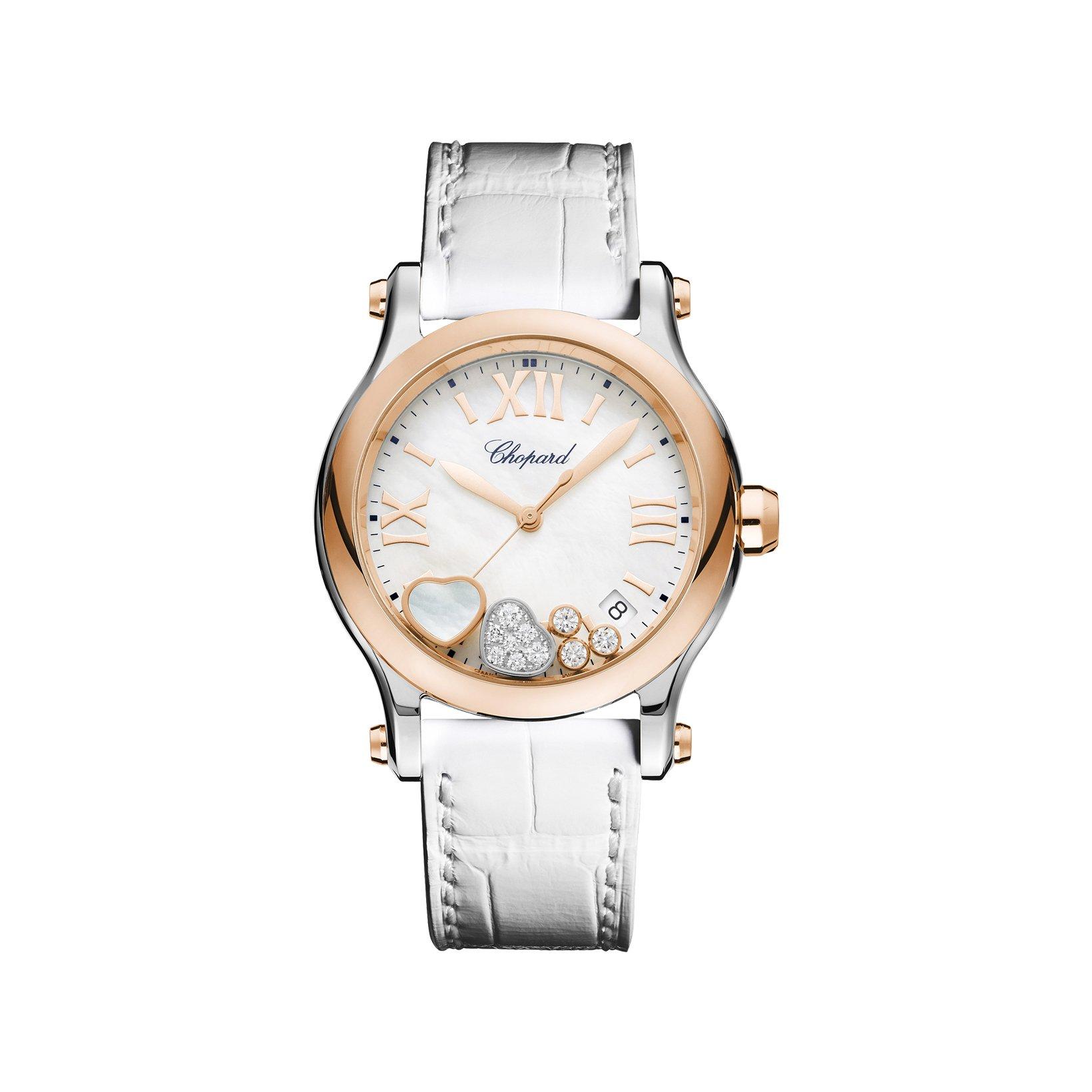 Chopard Happy Sport Quartz 36 mm Stainless Steel And Rose Gold Watch  White Dial   Alligator Leather Strap