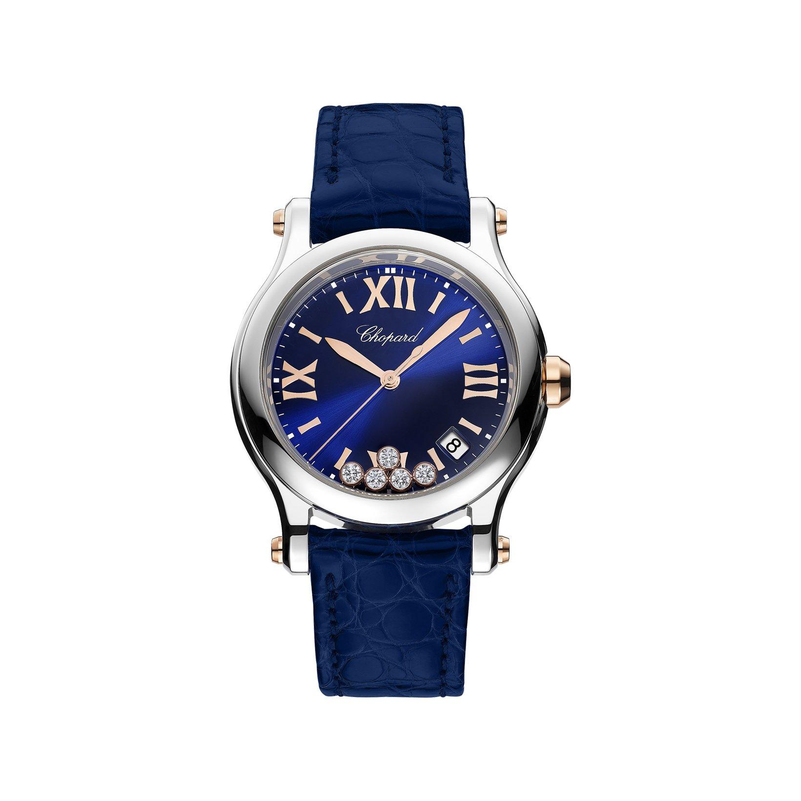 Chopard Happy Sport Quartz 36 mm Stainless Steel And Rose Gold Watch  Blue Dial   Alligator Leather Strap