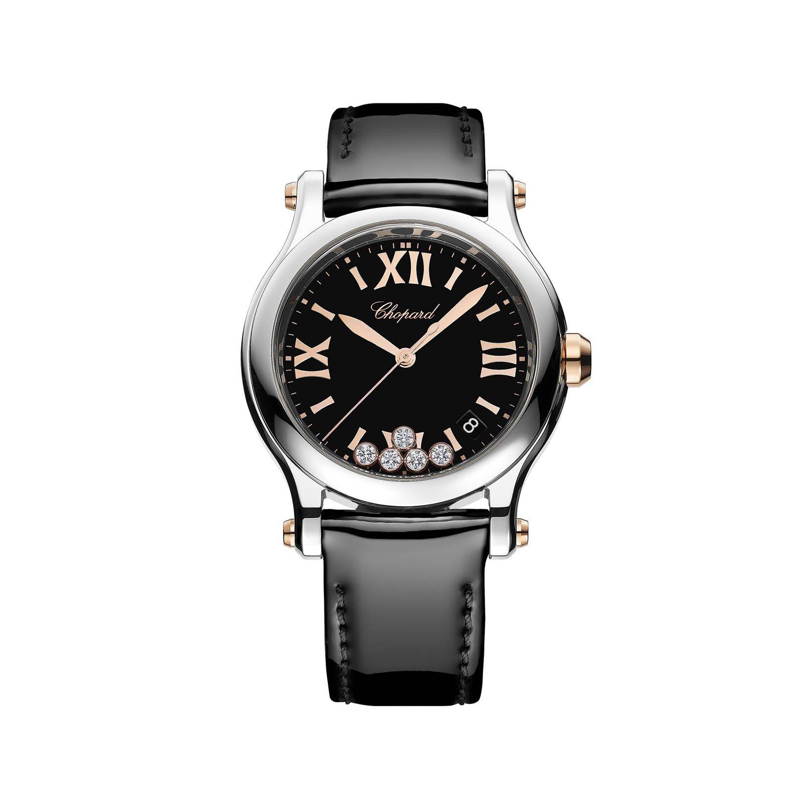 Chopard Happy Sport Quartz 36 mm Rose Gold And Stainless Steel Watch  Black Dial   Alligator Leather Strap
