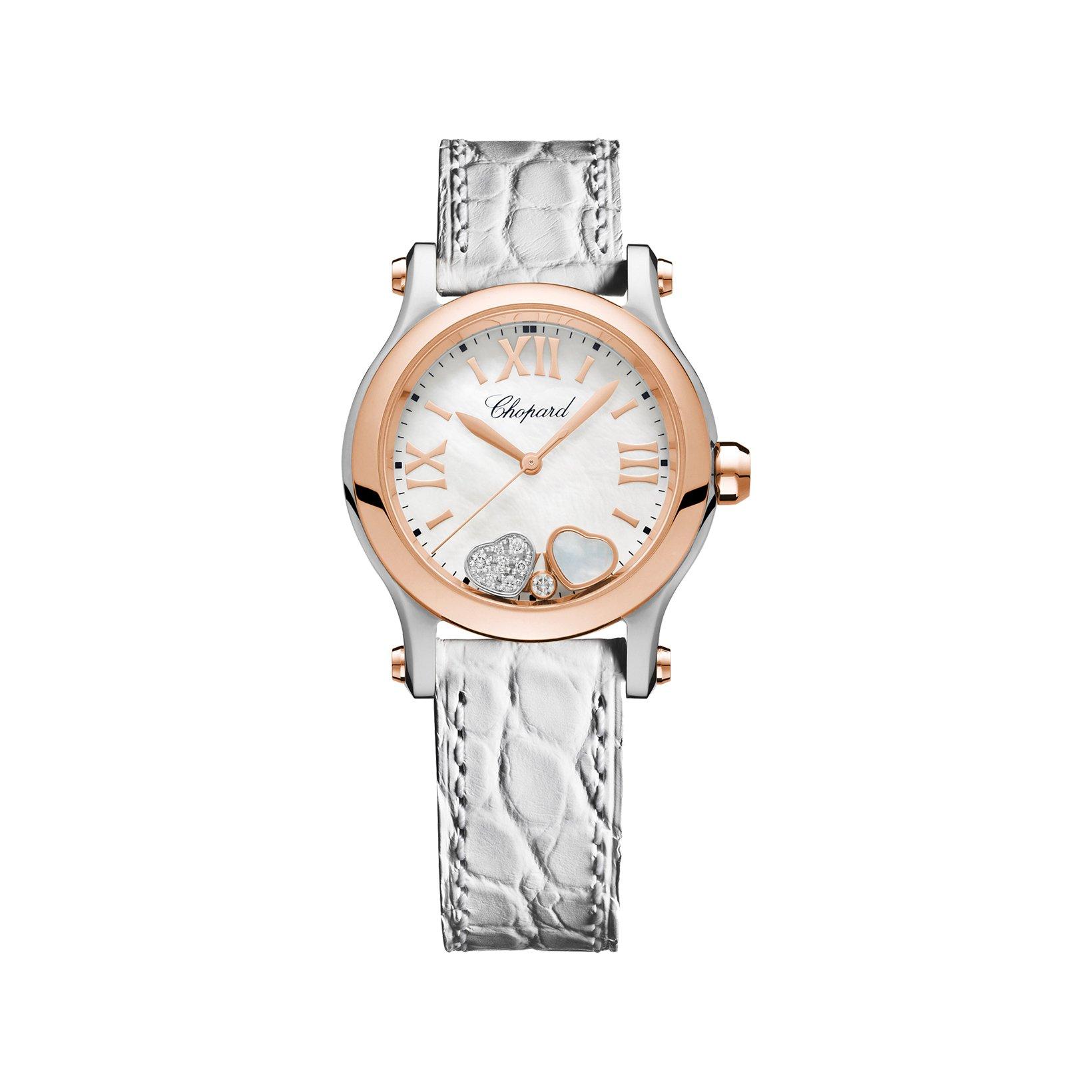 Chopard Happy Sport Quartz 30 mm Stainless Steel And Rose Gold Watch  White Dial   Alligator Leather Strap