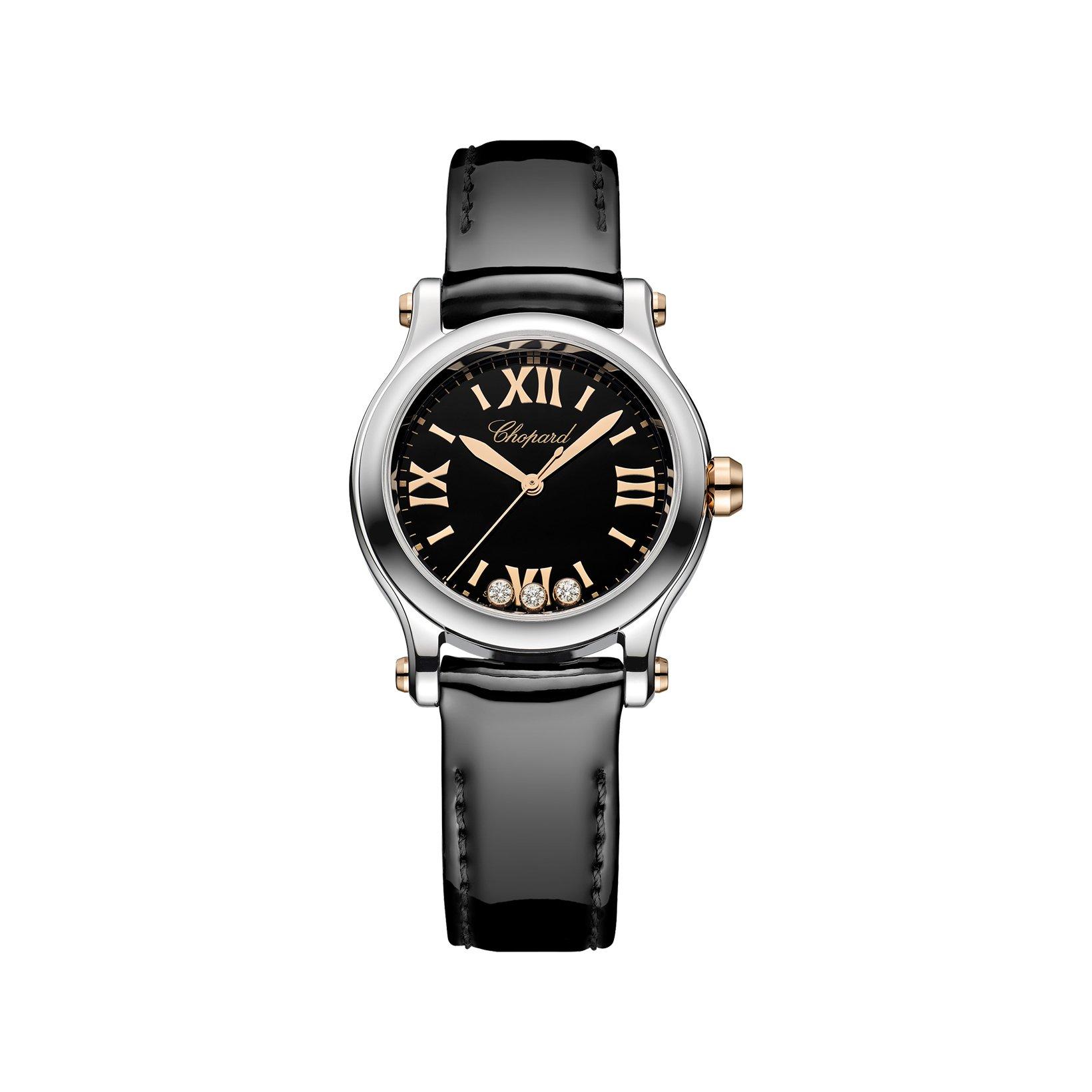 Chopard Happy Sport Quartz 30 mm Stainless Steel And Rose Gold Watch  Black Dial   Calf Skin Leather Strap