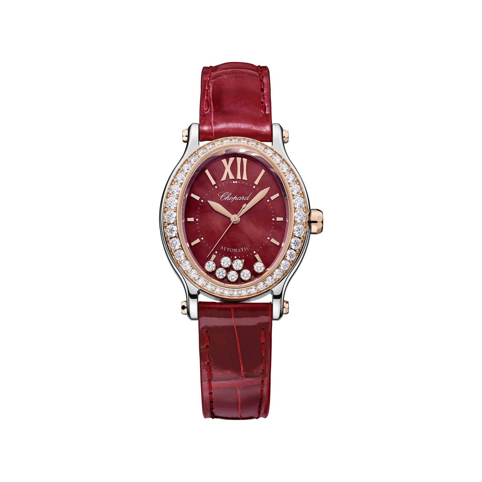 Chopard Happy Sport Automatic 31.31 mm Stainless Steel And Rose Gold Watch  Red Mother Of Pearl Dial   Alligator Leather Strap