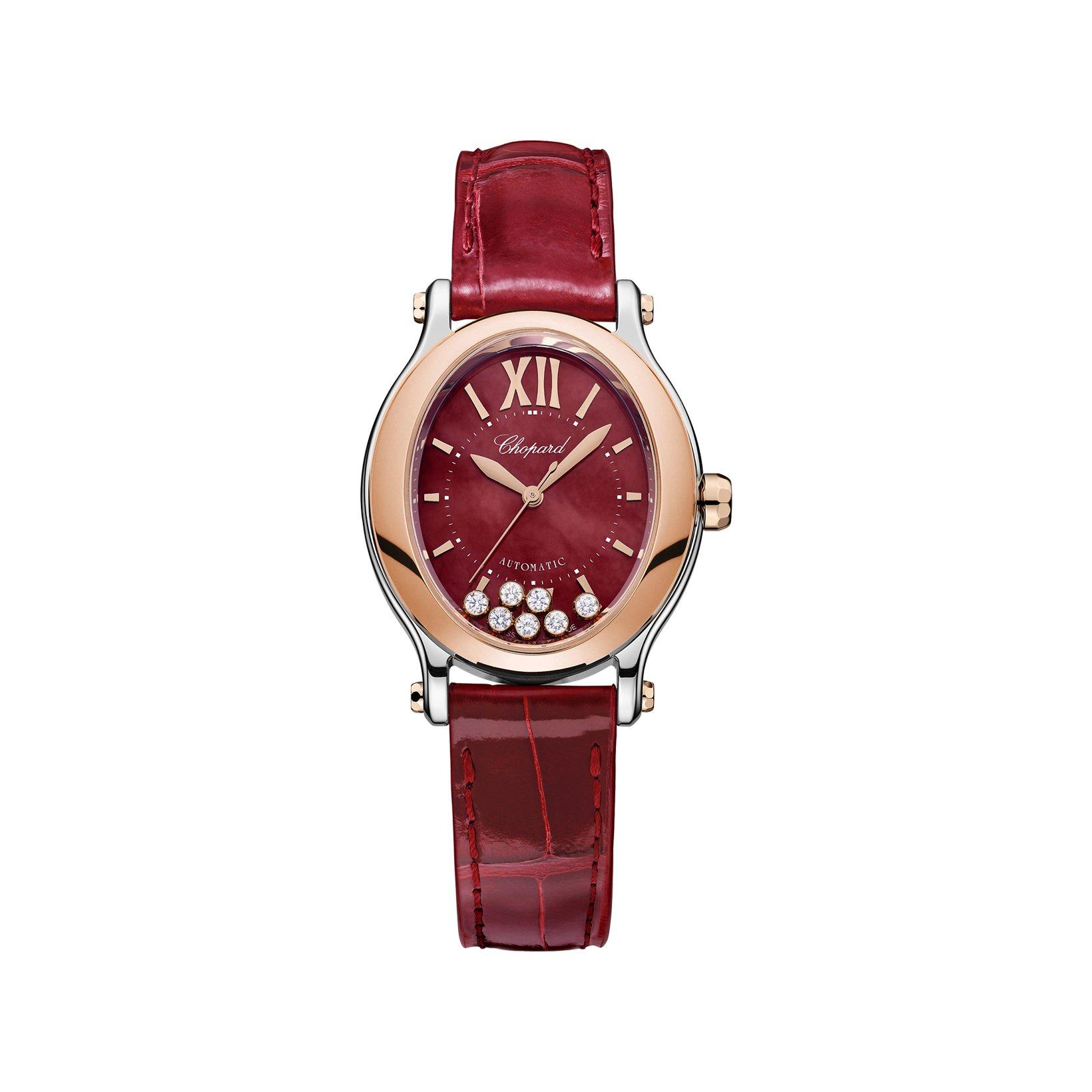 Chopard Happy Sport Automatic 31.31 mm Stainless Steel And Rose Gold Watch  Red Mother Of Pearl Dial   Alligator Leather Strap