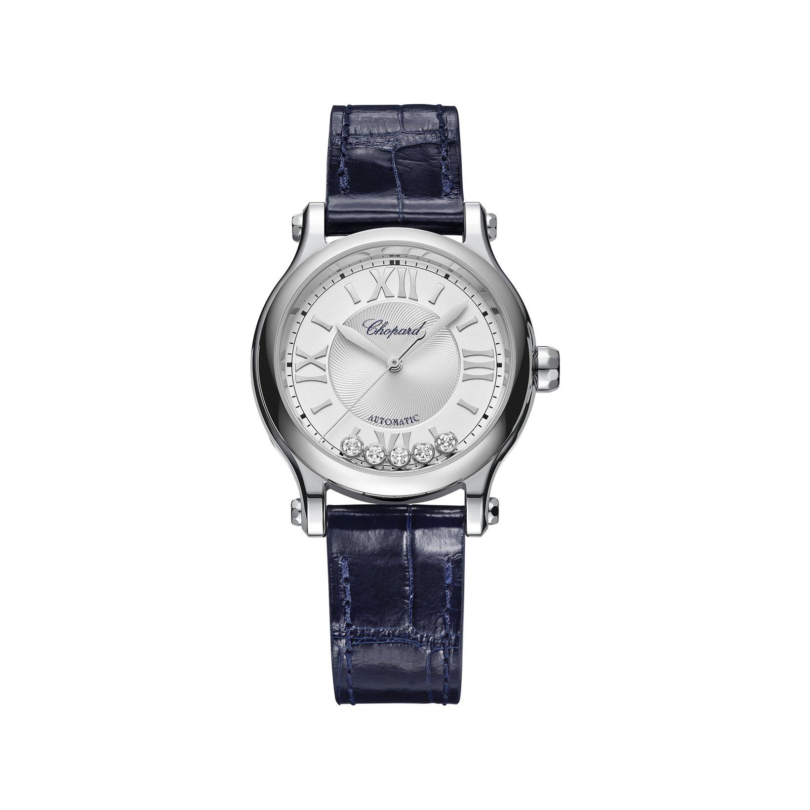 Chopard Happy Sport Happy Diamonds Automatic 33 mm Stainless Steel Watch  Silver Dial   Alligator Leather Strap