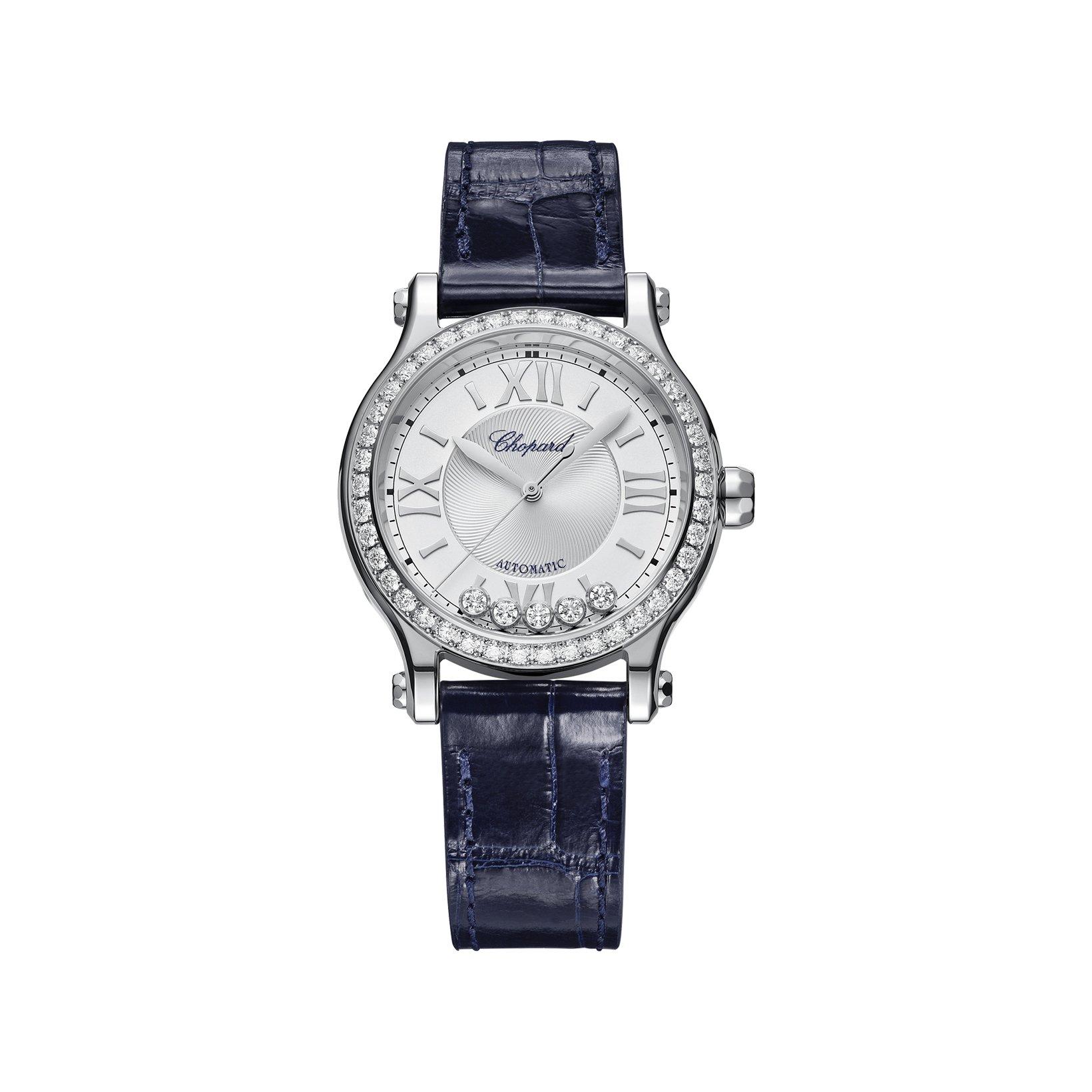 Chopard Happy Sport Happy Diamonds Automatic 33 mm Stainless Steel Watch  Silver Dial   Alligator Leather Strap