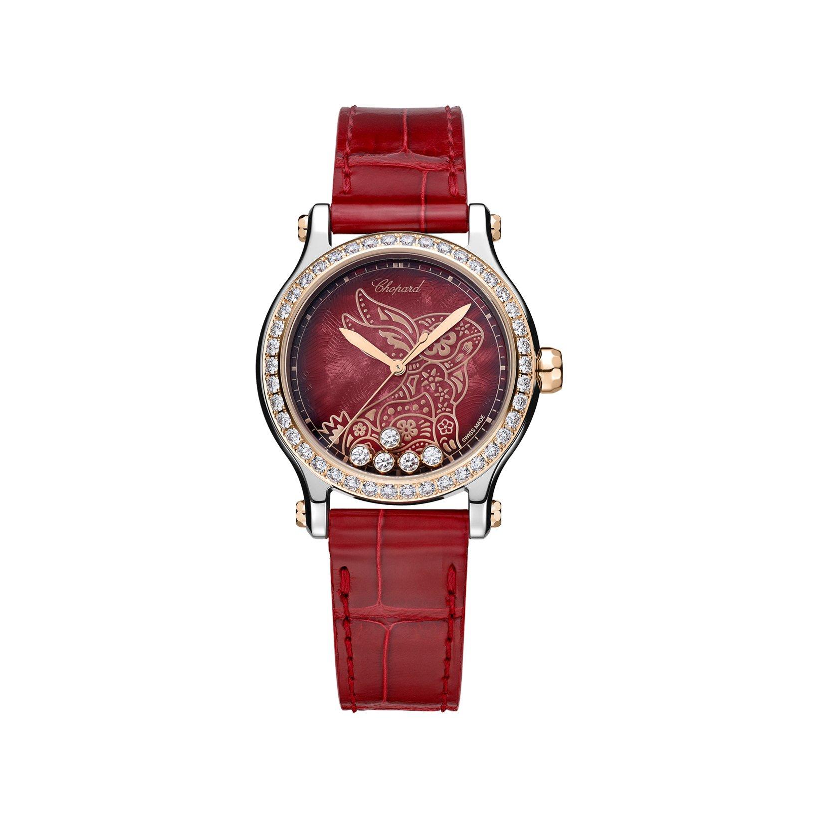 Chopard Happy Sport Automatic 33 mm Stainless Steel And Rose Gold Watch  Red Dial   Alligator Leather Strap