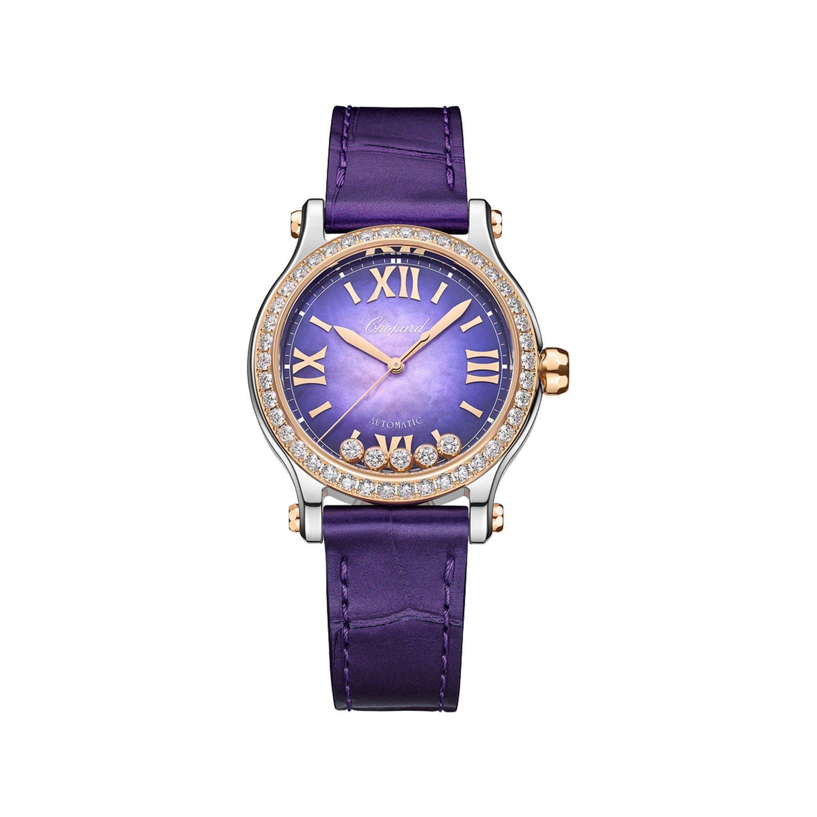 Chopard Happy Sport Automatic 33 mm Stainless Steel And Rose Gold Watch  Violet Dial   Alligator Leather Strap