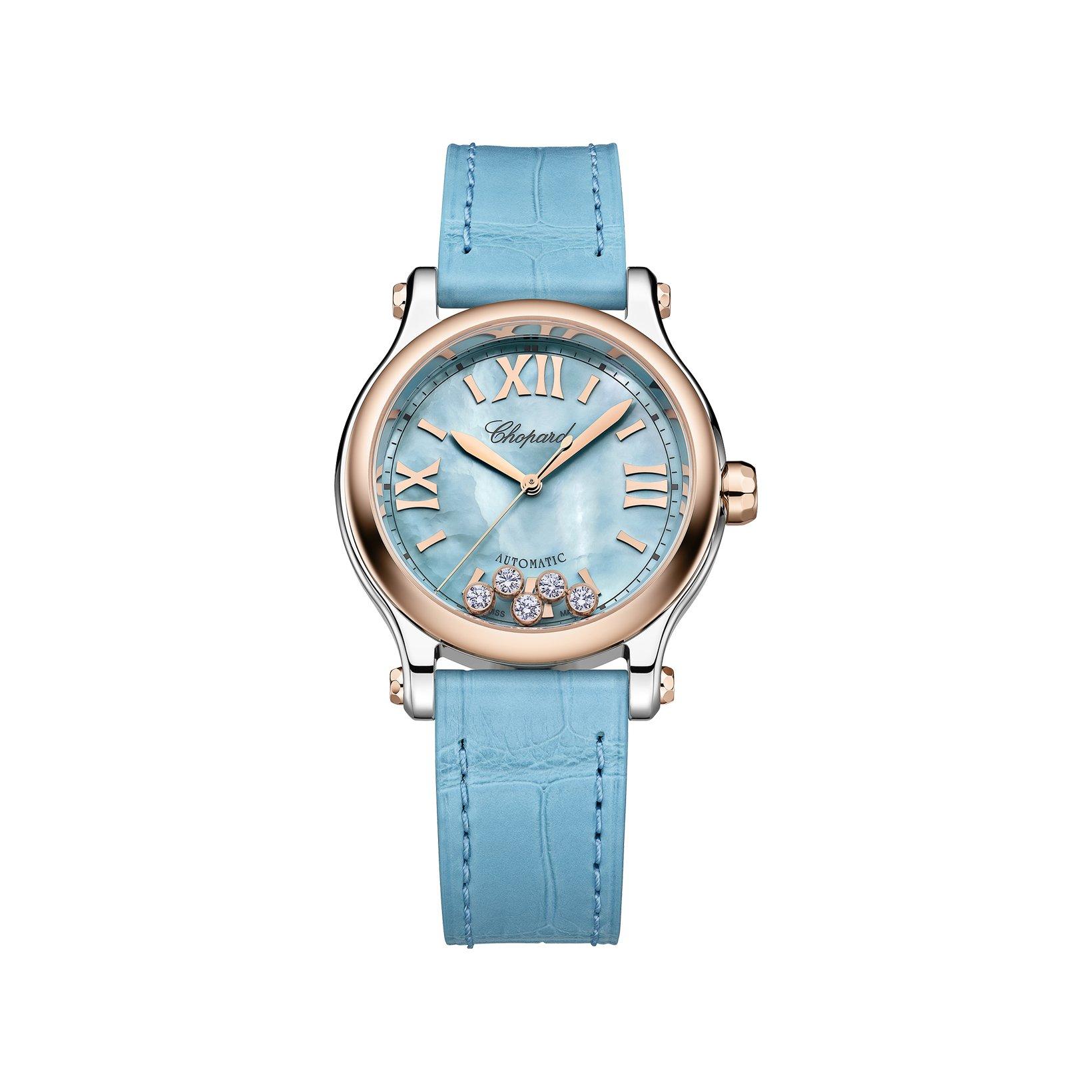 Chopard Happy Sport Automatic 33 mm Stainless Steel And Rose Gold Watch  Turquoise Dial   Alligator Leather Strap