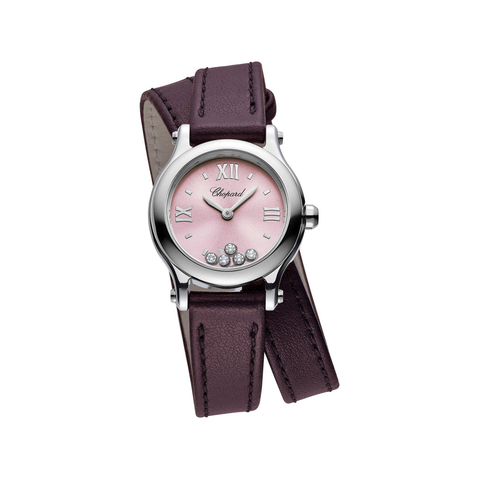Chopard Happy Sport Quartz 25 mm Stainless Steel Watch  Pink Dial   Calf Skin Leather Strap