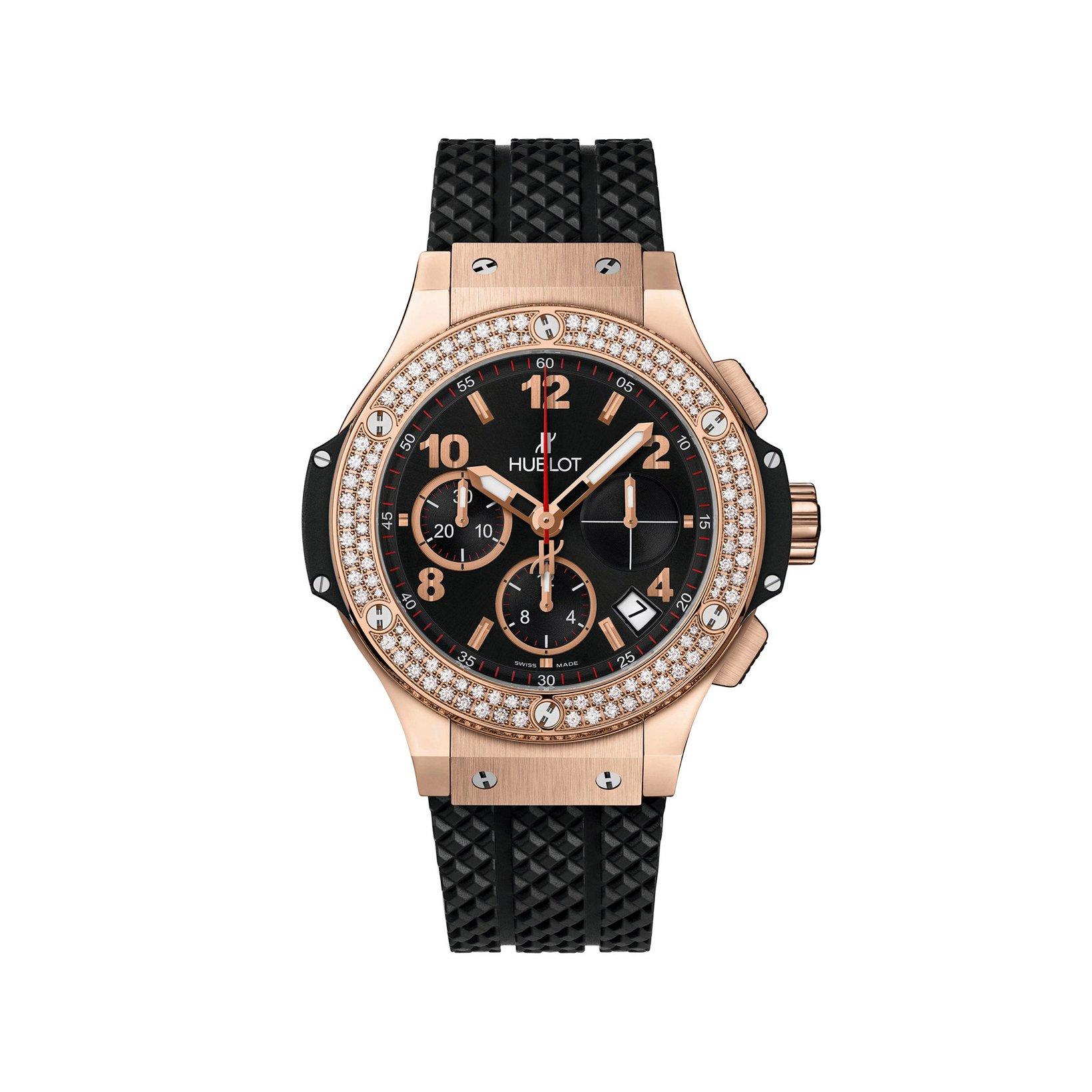 Hublot Big Bang Original Gold Diamonds Automatic 41 mm Pink Gold And Diamond Watch  Black Dial   Rubber Strap