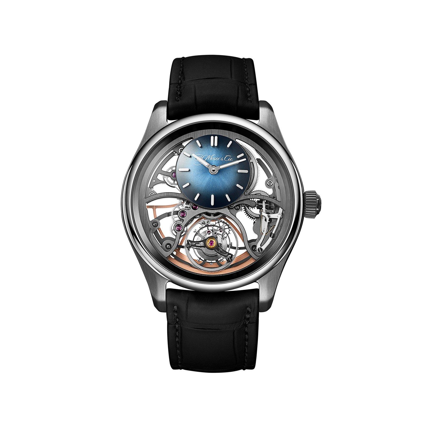 H. Moser & Cie Pioneer Cylindrical Tourbillon Skeleton Automatic 42.8 mm Stainless Steel Watch  Funky Blue Fume Dial   Alligator Leather Strap