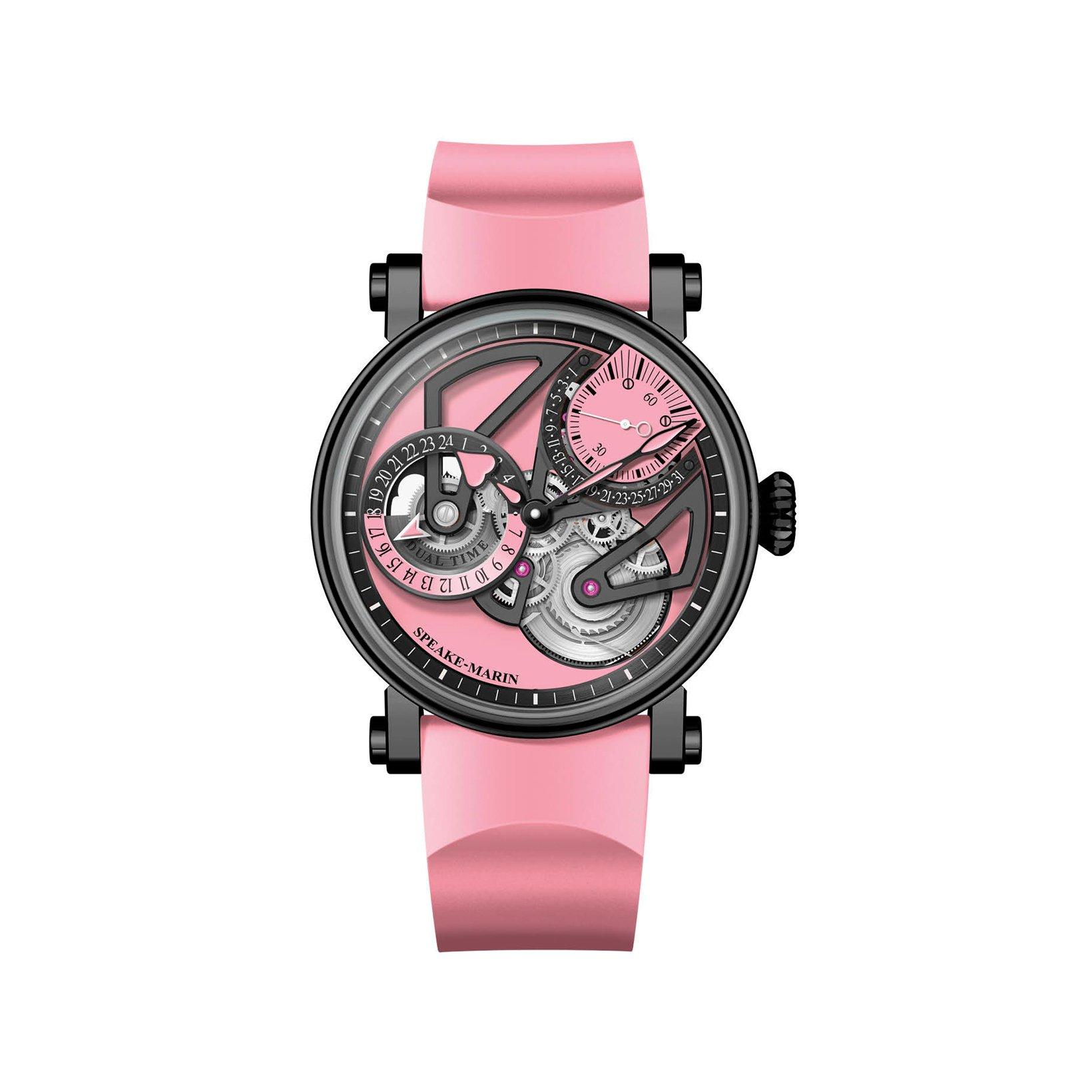 Speake Marin Open Worked Dual Time Pink Automatic 38 mm Titanium Watch  Pink Dial   Leather Strap