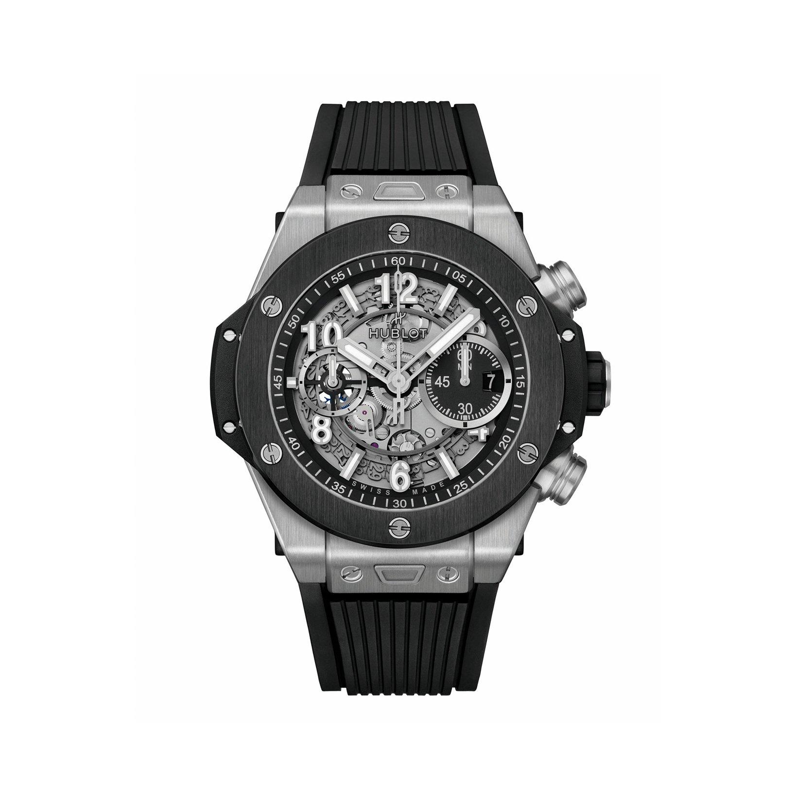 Hublot Big Bang Unico Titanium Ceramic Automatic 44 mm Titanium Watch  Black Dial   Rubber Strap