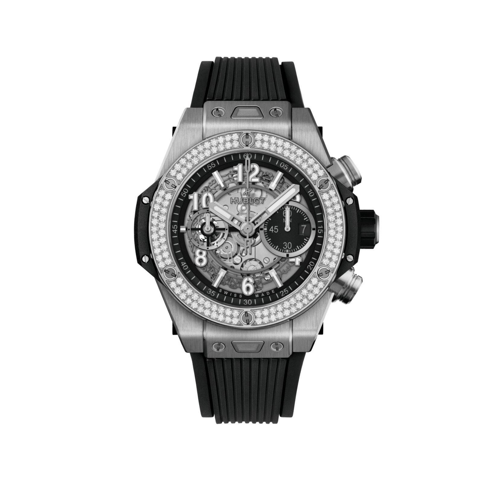 Hublot Big Bang Unico Titanium Diamonds Automatic 44 mm Titanium And Diamonds Watch  Black Dial   Rubber Strap