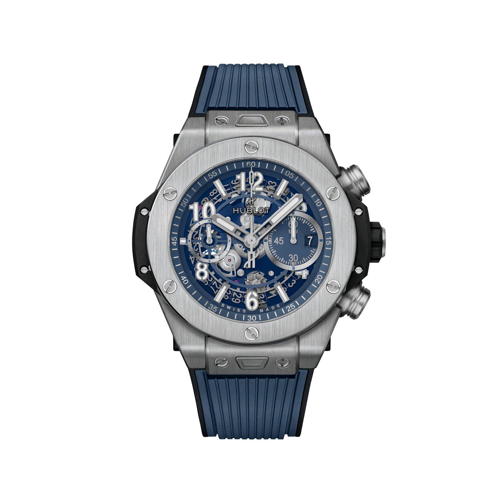 Hublot Big Bang Unico Automatic 44 mm Titanium Watch  Blue Dial   Rubber Strap